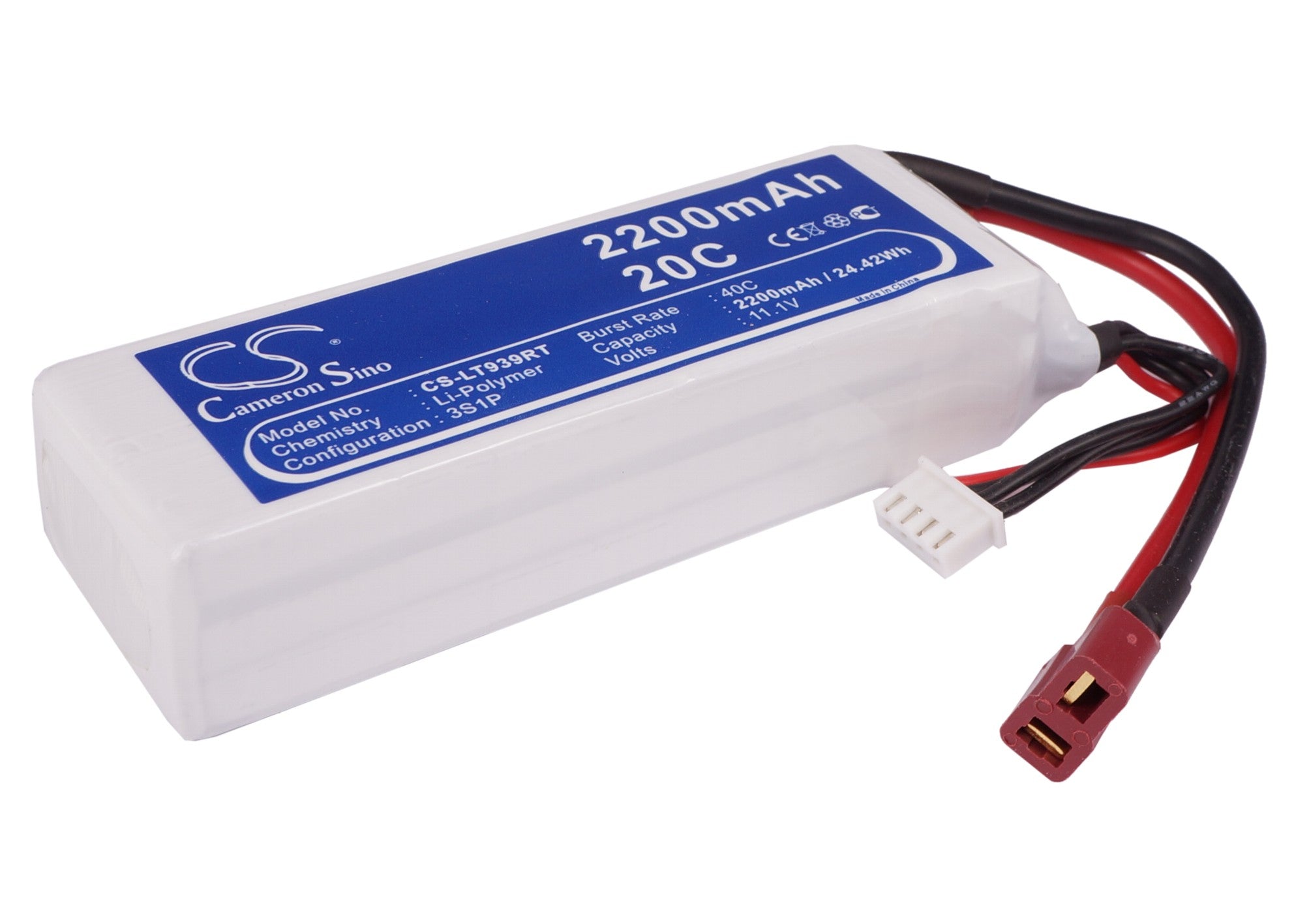 2200mAh 11.1V LiPo Battery for RC Cars (CS-LT939RT) - 150C, 8.5x35.5x27mm, High Discharge Rate
