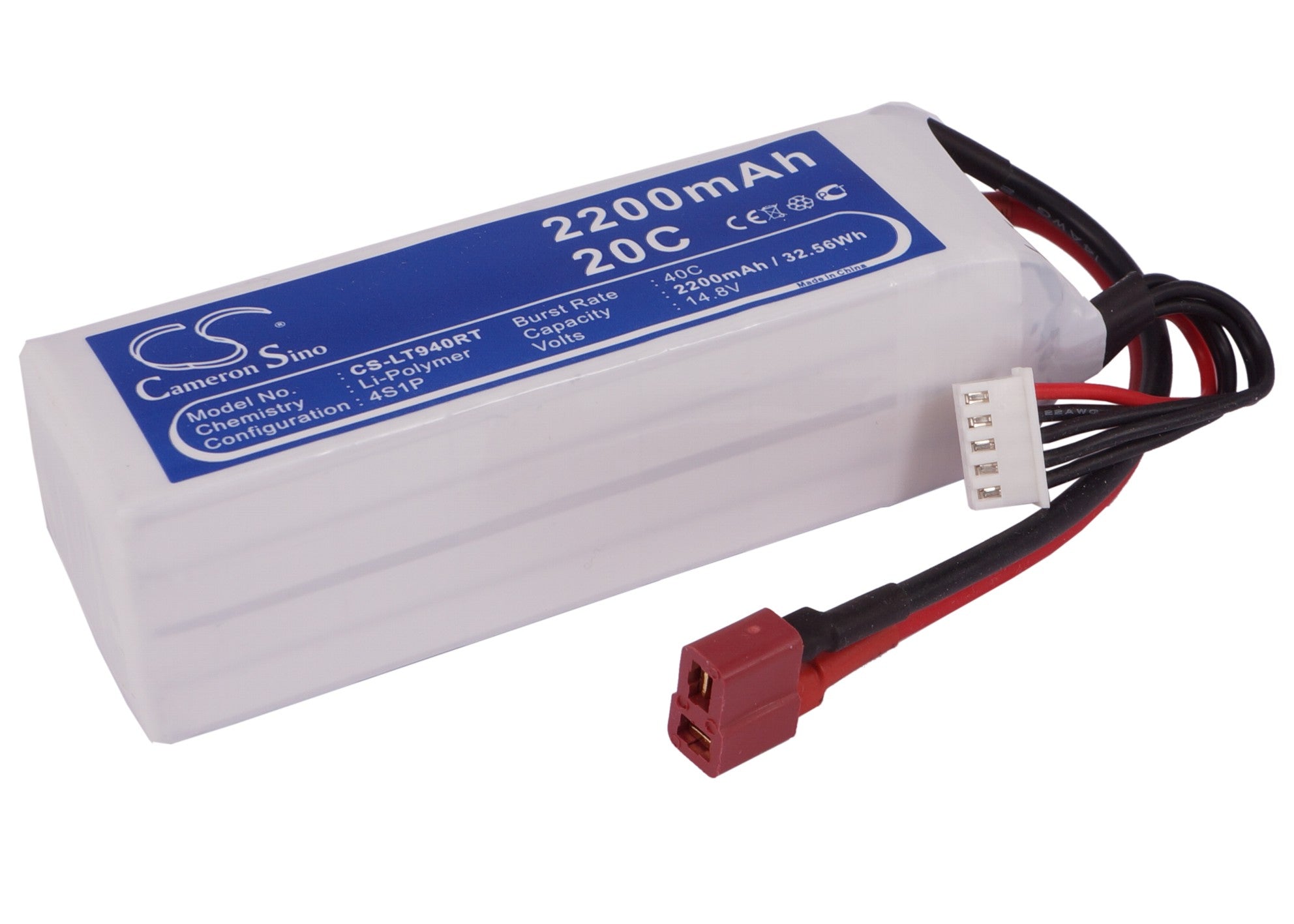 14.8V 2200mAh LiPo Battery Pack for RC Cars - CS-LT940RT 180C, 35.5x35x8mm, 32.56Wh - RC10 Compatible
