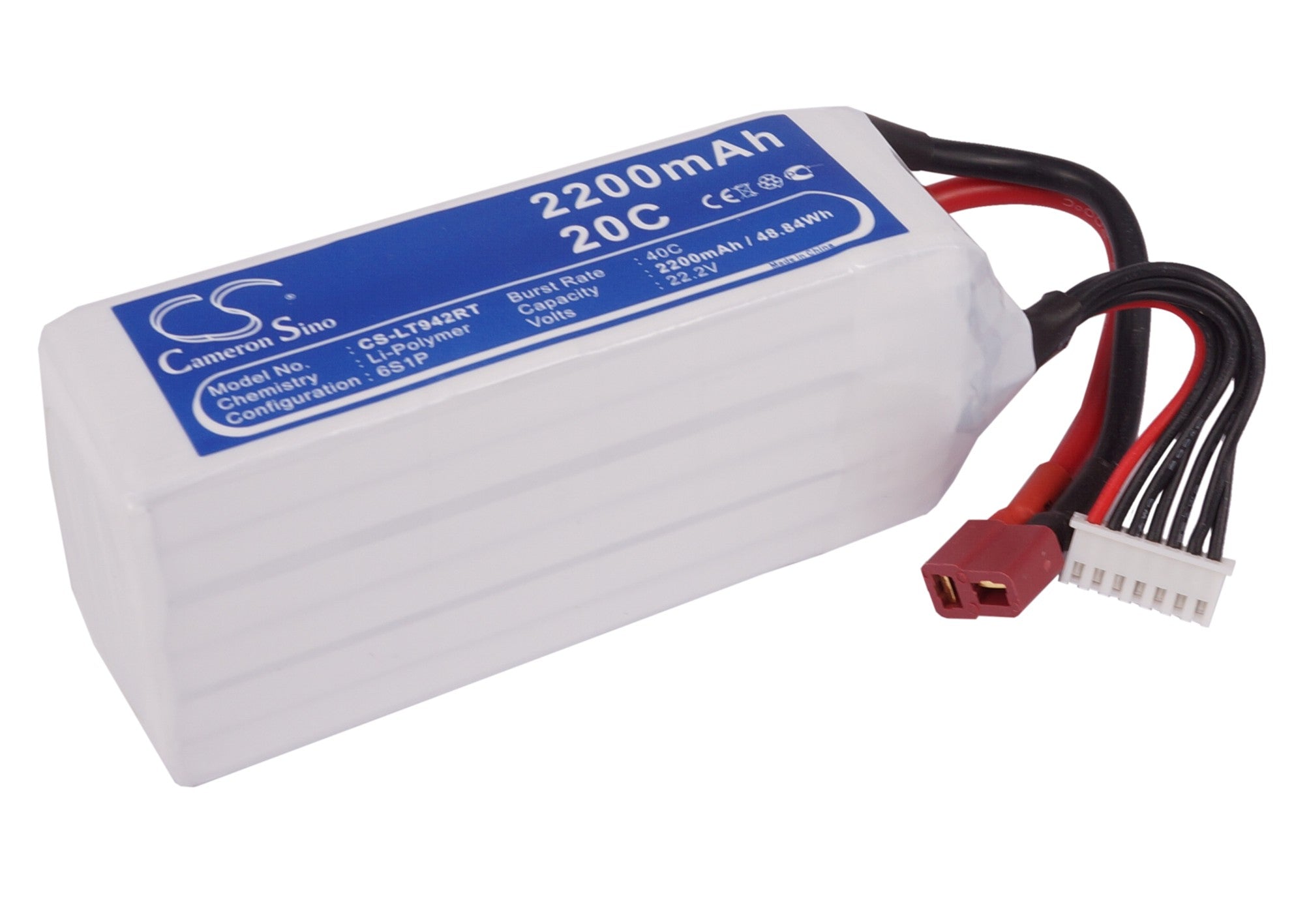 2200mAh 6S 22.2V 180C LiPo Battery Pack for RC Cars (CS-LT942RT), 48.84Wh, 35.5x50.5x9.0mm
