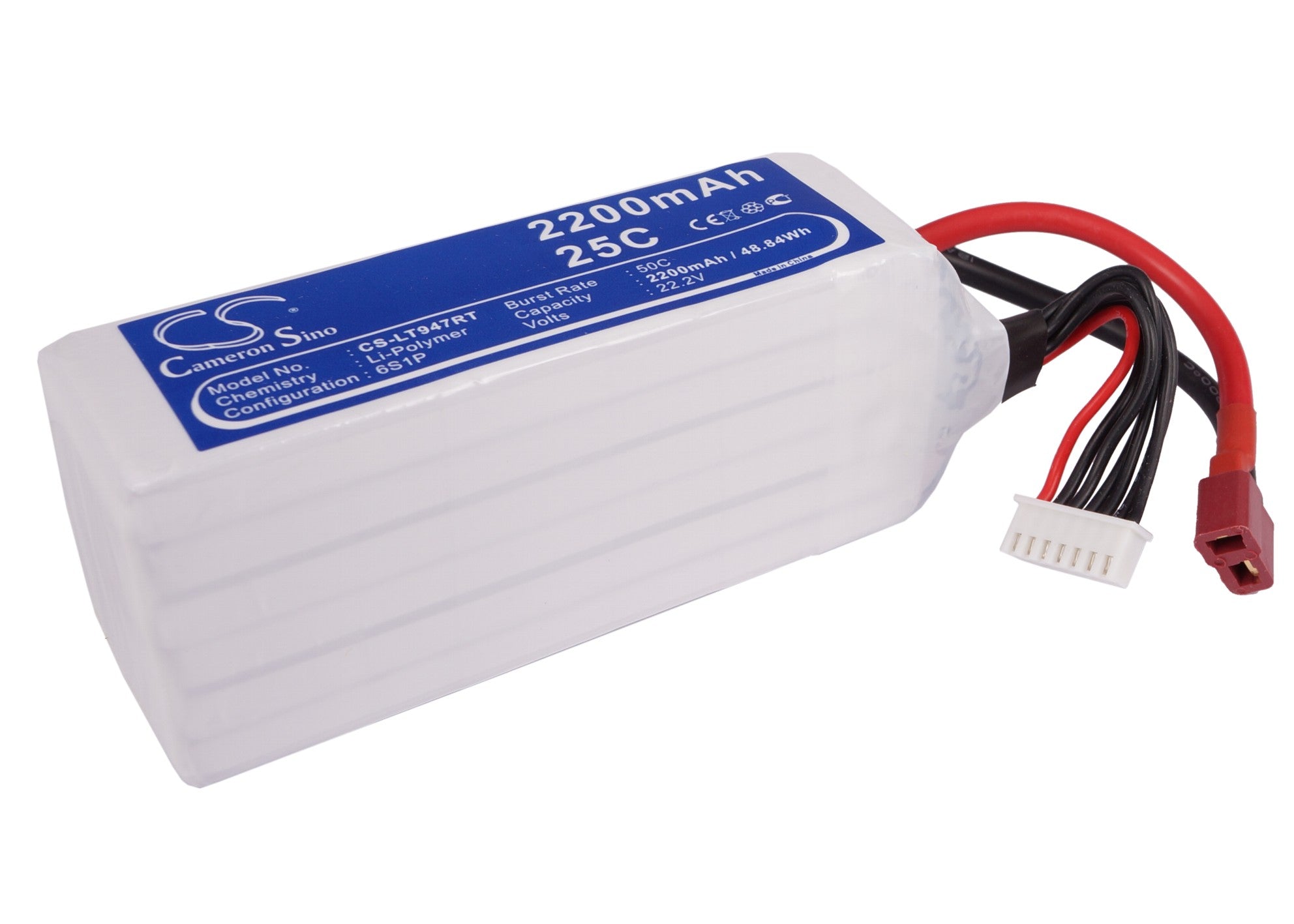 2200mAh 6S 22.2V 180C LiPo Battery for RC Cars (109x35.5x51mm) - CS-LT947RT, 48.84Wh High-Performance
