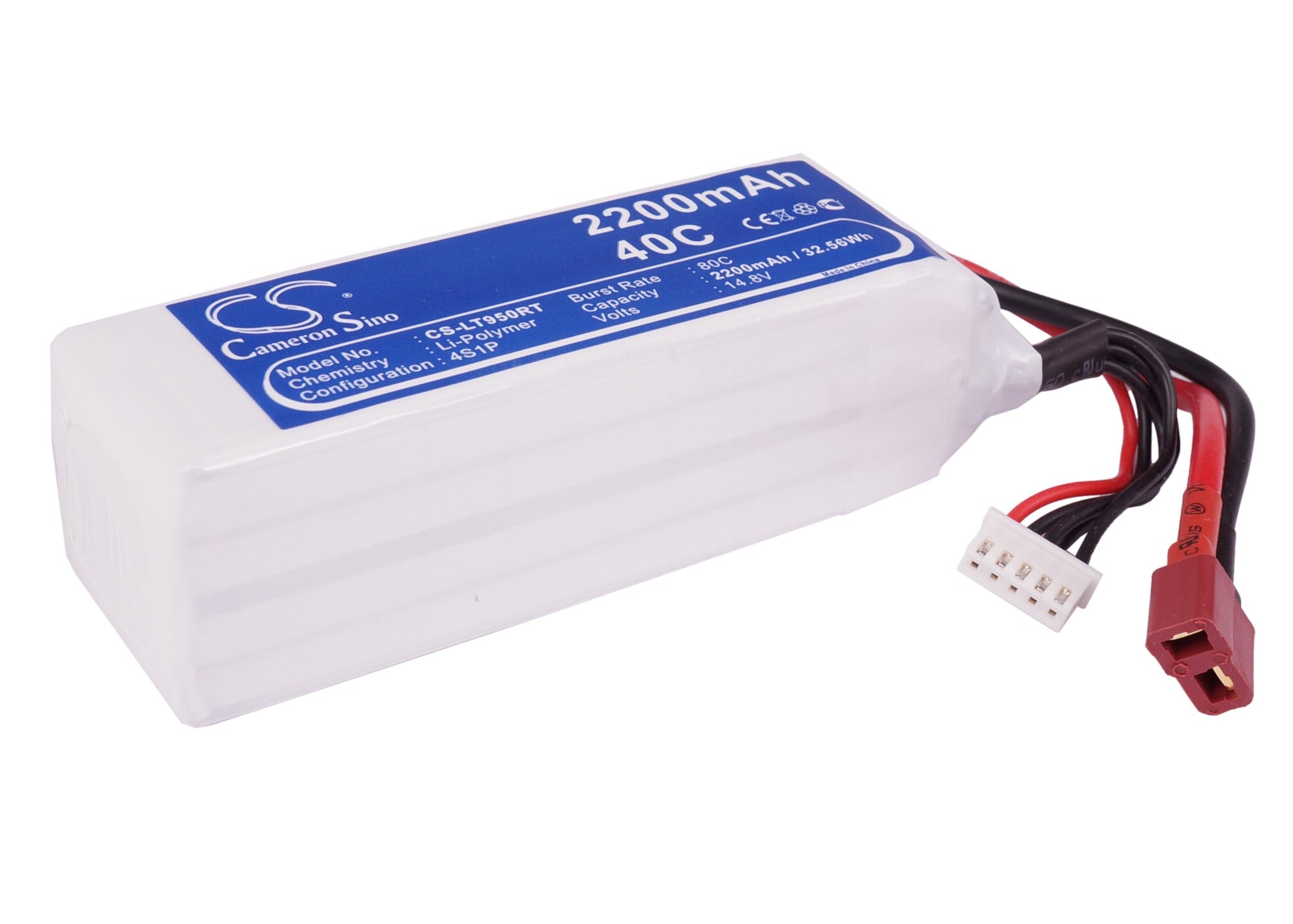 14.8V 2200mAh 40C LiPo Battery for RC Cars: CS-LT950RT, 32.56Wh, 105.95x37.38x28.70mm

