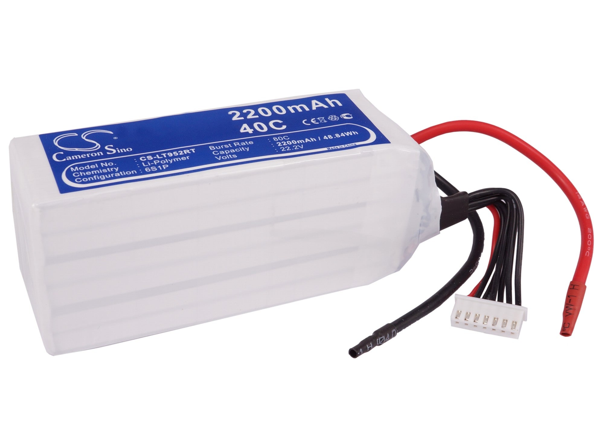 2200mAh 6S 22.2V LiPo Battery for RC Cars, 45C Continuous Discharge, CS-LT952RT, 48.84Wh
