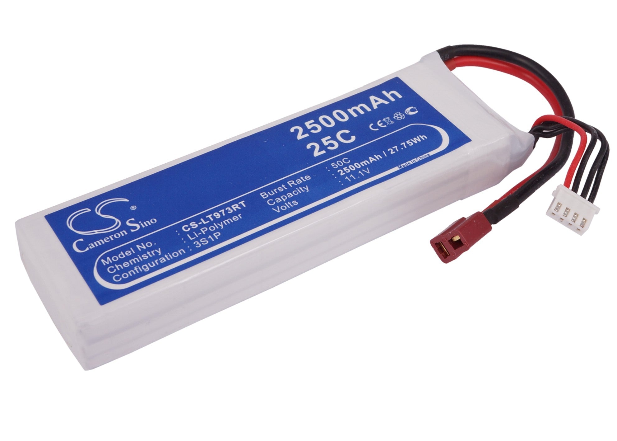 2500mAh 11.1V 150C LiPo Battery Pack for RC Cars - Compact 43x20mm High-Discharge CS-LT973R
