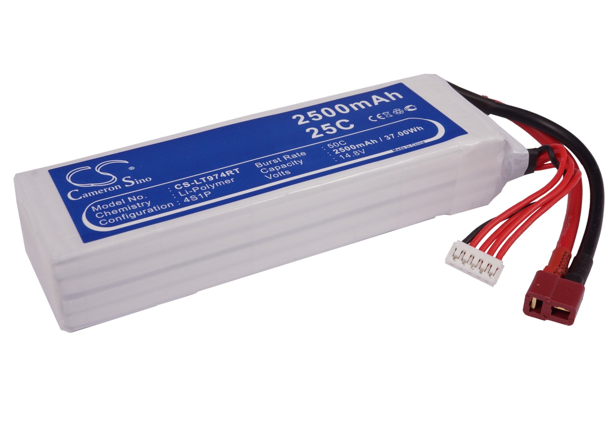 14.8V 2500mAh 150C LiPo Battery Pack for RC Car Racing: CS-LT974RT - 37Wh, 43x25.5x140mm High Performance
