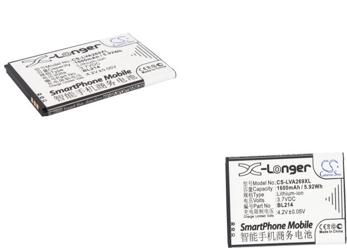 1600mAh Replacement Battery for Lenovo A208t A369 A66 A318T BL214 Smartphone - 3.7V Li-ion
