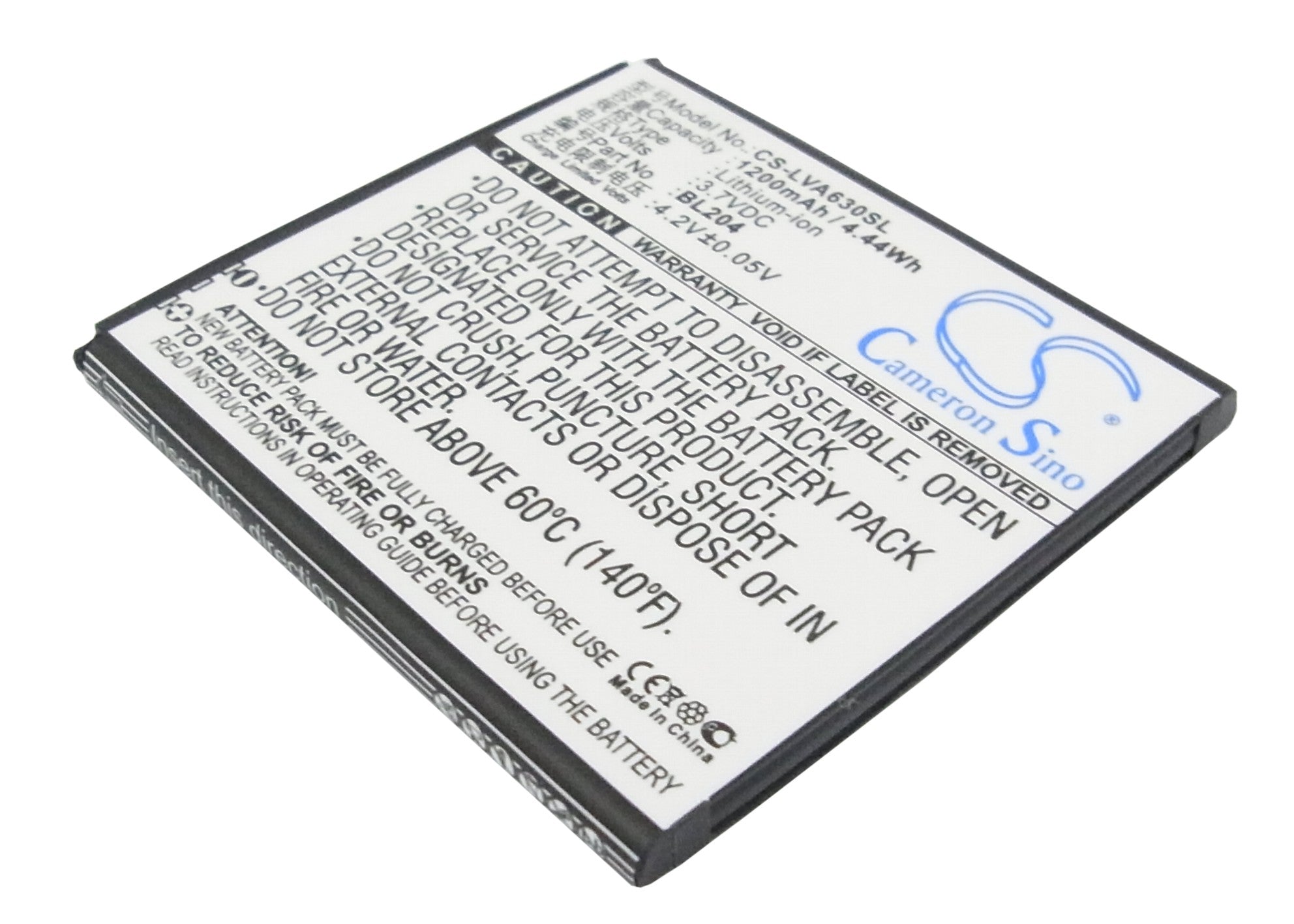1200mAh Replacement Battery for Lenovo A586 A765e A630T S696 A670T Smartphone - BL204 Li-ion 3.7V
