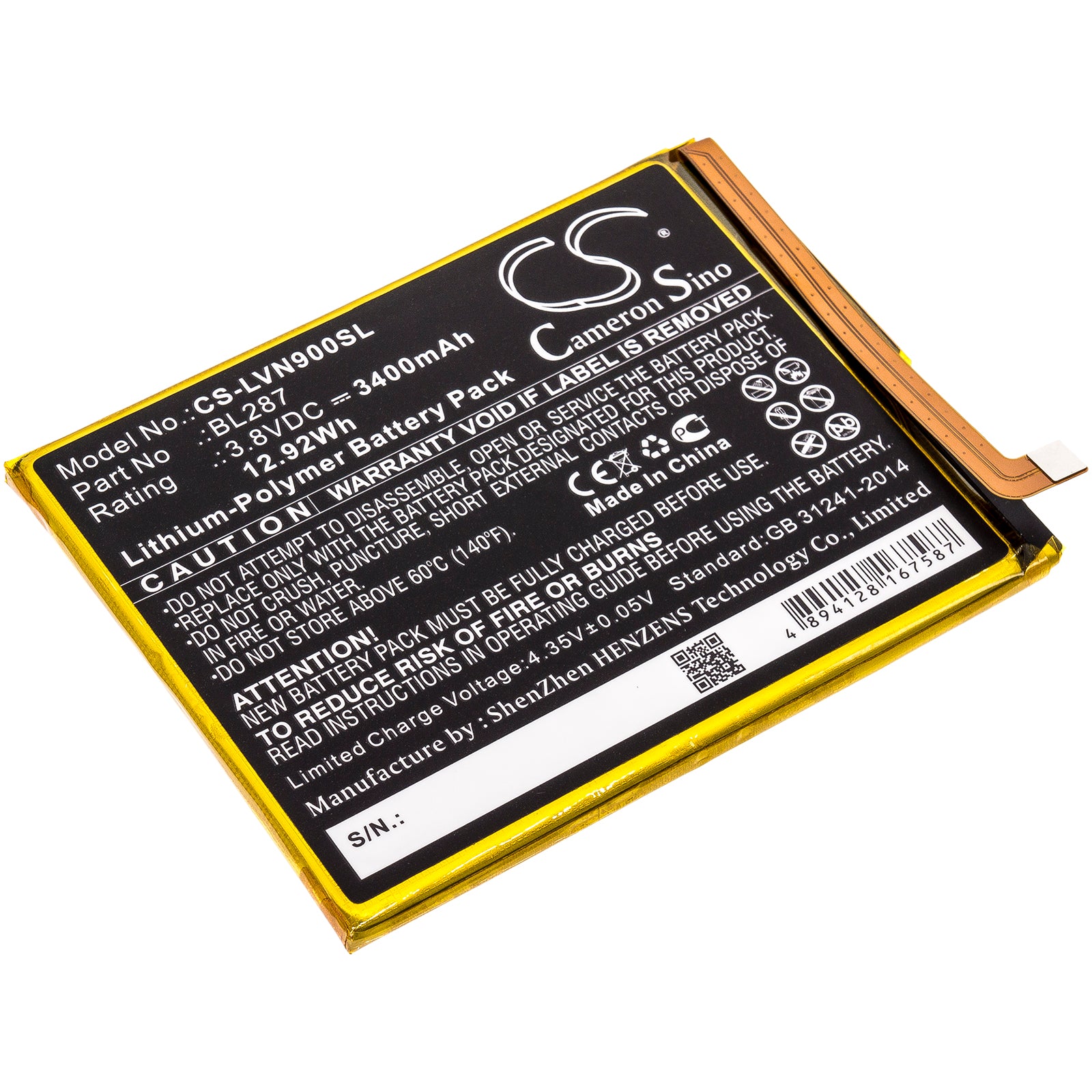 3400mAh Replacement Battery for Lenovo K9 Note BL287 - 3.8V Li-Polymer Cell Phone Battery
