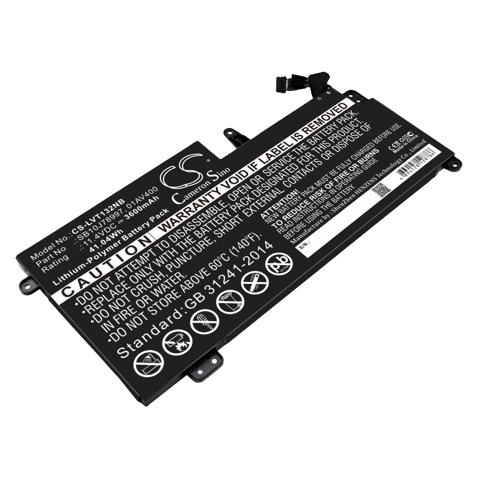 41.04Wh Li-Polymer Battery for Lenovo ThinkPad 13 & S2 (2018) Series - 3600mAh Replacement (SB10J78997)

