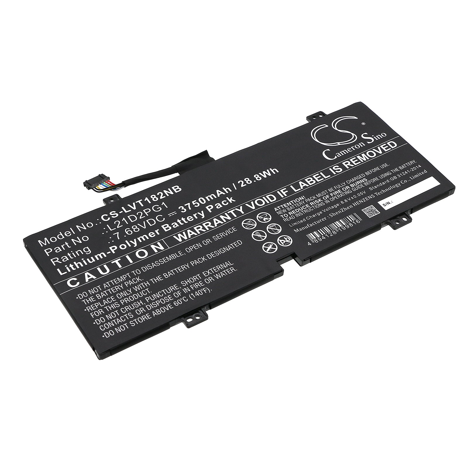 28.8Wh Battery for Lenovo 10W-82ST Tablet - 3750mAh 7.68V Li-Polymer Replacement for L21D2PG1, L21C2PG0, 5B00H02153

