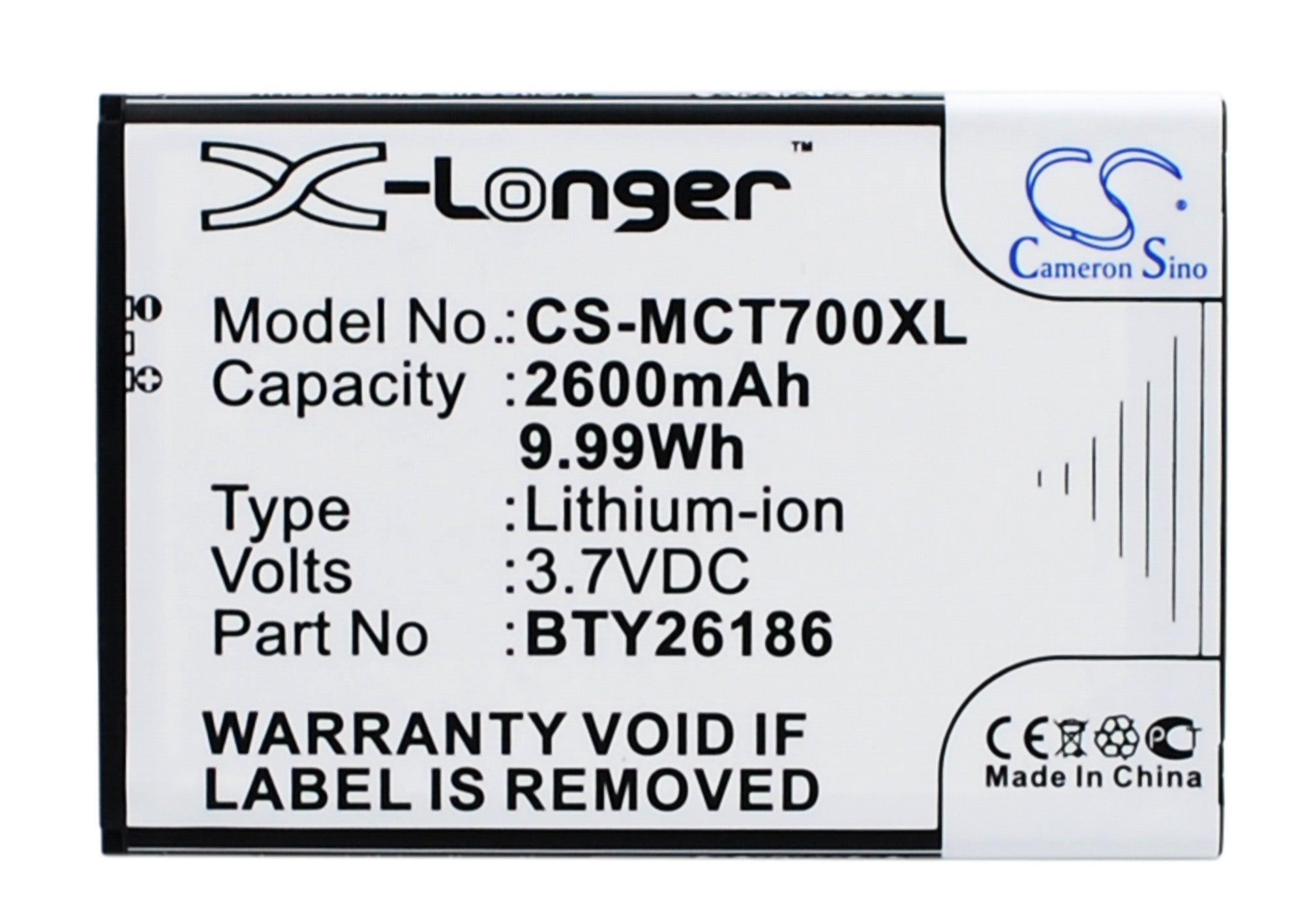 2600mAh Replacement Battery for Mobistel Cynus T7, MT-600S, MT-600W Smartphone - 3.7V Li-ion
