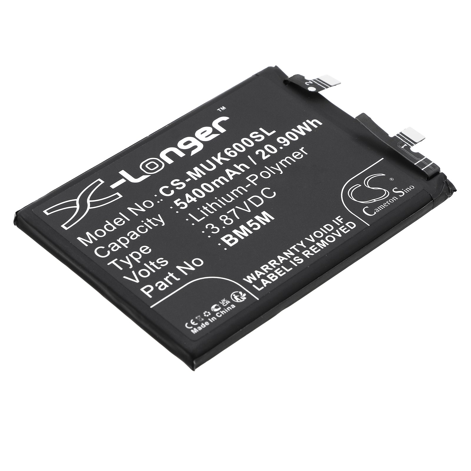 5400mAh Replacement Battery for Redmi K60 Smartphone - Li-Polymer - BM5M (88.6x65x5.1mm, 3.87V, 20.9Wh)
