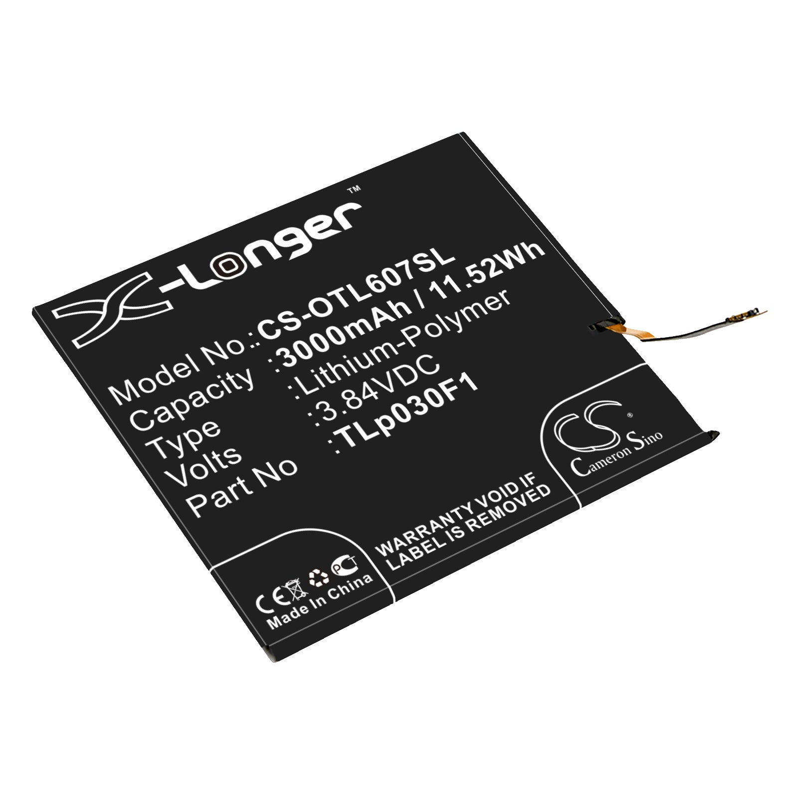 3000mAh Replacement Battery for Alcatel Idol 4S/Pro/DTEK60 TLp030F1 - 3.84V Li-Polymer 
