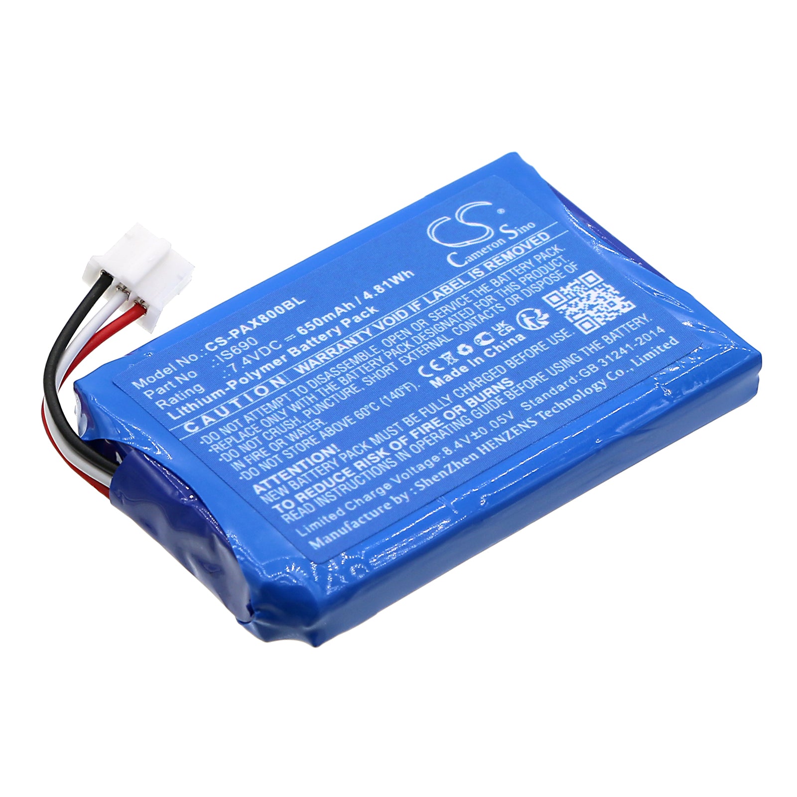 650mAh Battery Replacement for Pax Q80 & IS690 Payment Terminals, 7.4V 4.81Wh Li-Polymer
