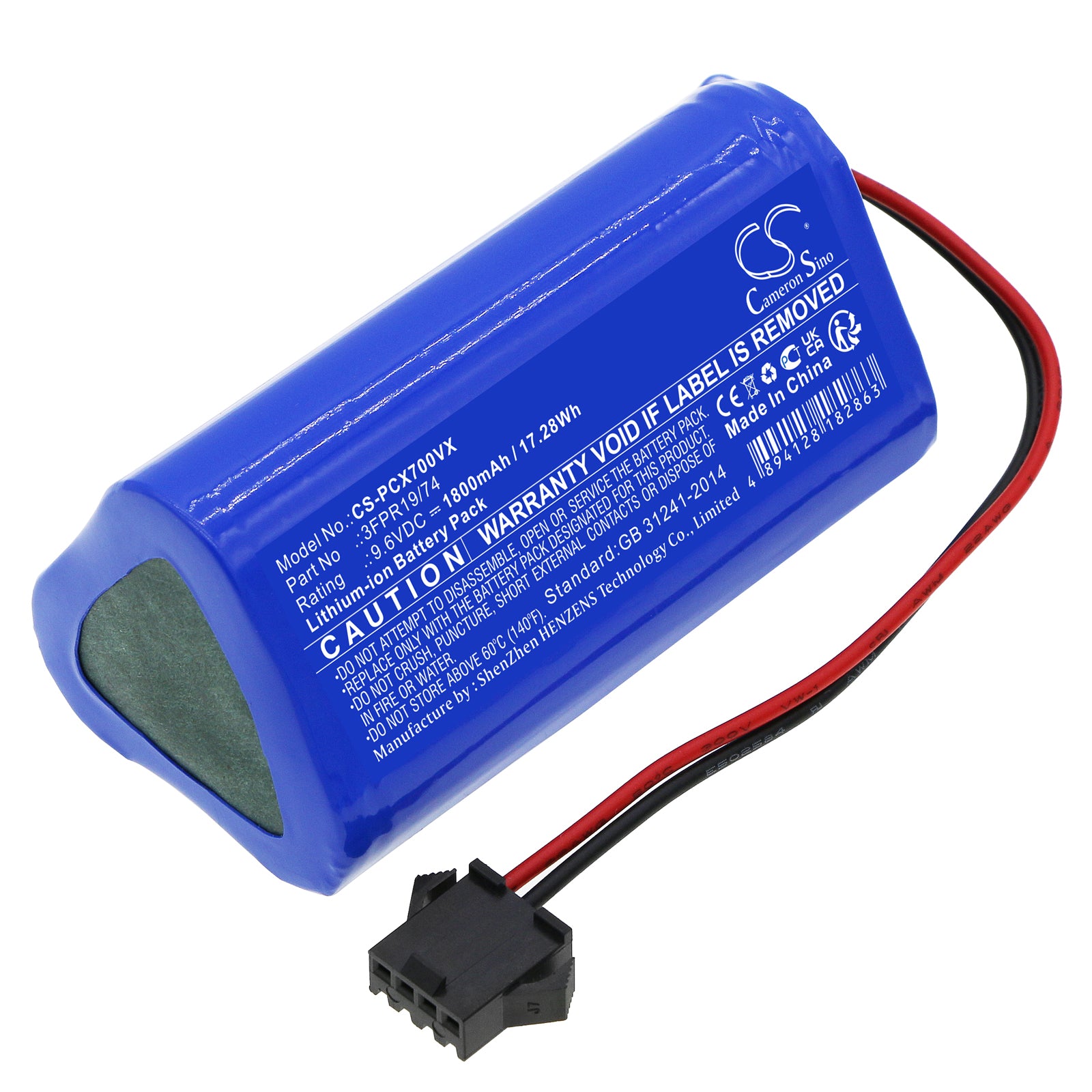 9.6V 1800mAh LiFePO4 Replacement Battery for Pure Clean PUCRCX70 V2 Robotic Vacuum, 68.6x35x35mm
