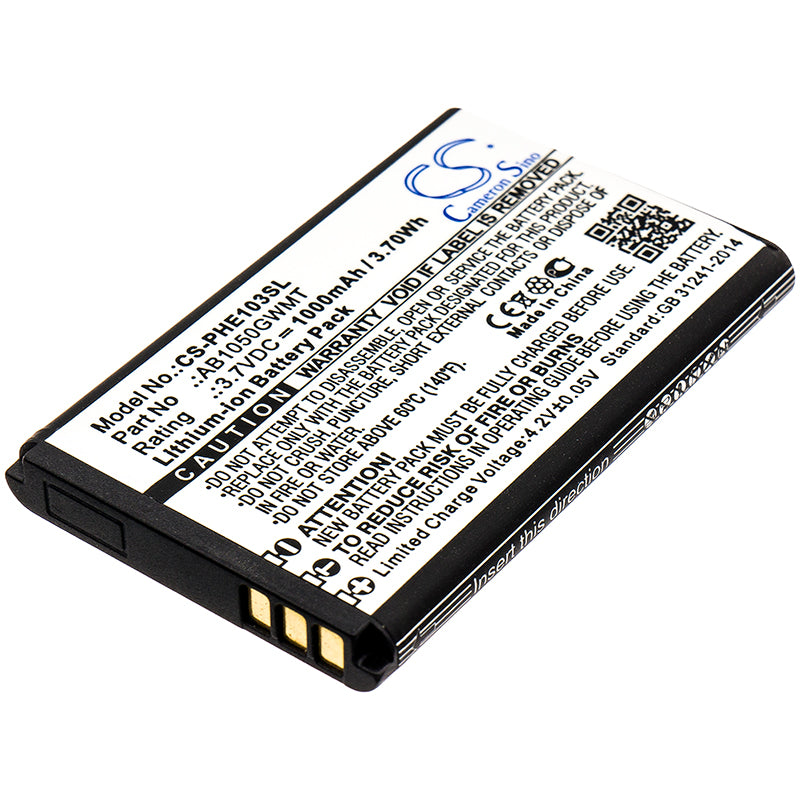1000mAh Battery for Philips E103 E106 Xenium E255 Feature Phones - 3.7V 3.7Wh Li-ion Replacement - AB1050GWMT
