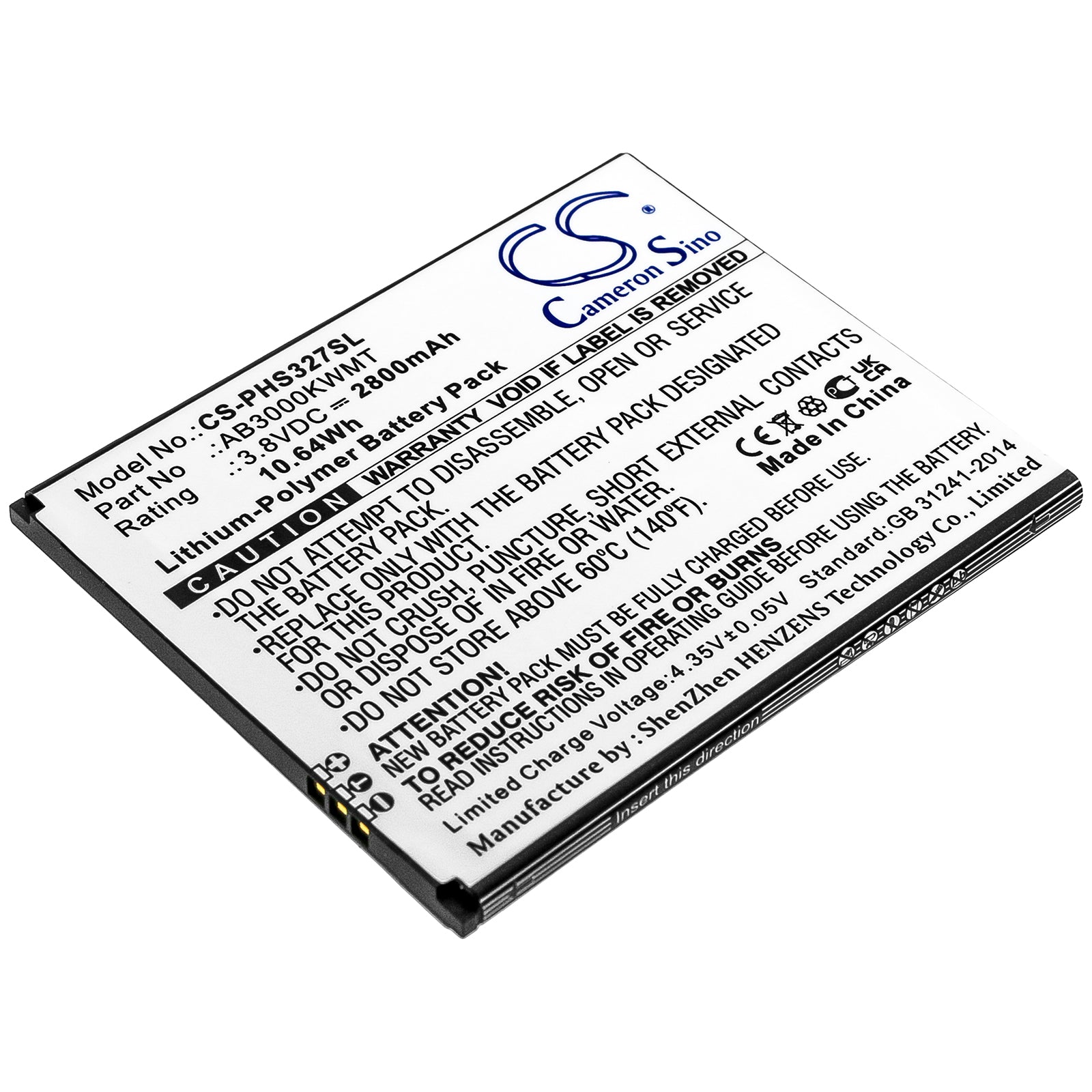 2800mAh Replacement Battery for Philips Xenium S327 Smartphone - 3.8V Li-Polymer, AB3000KWMT
