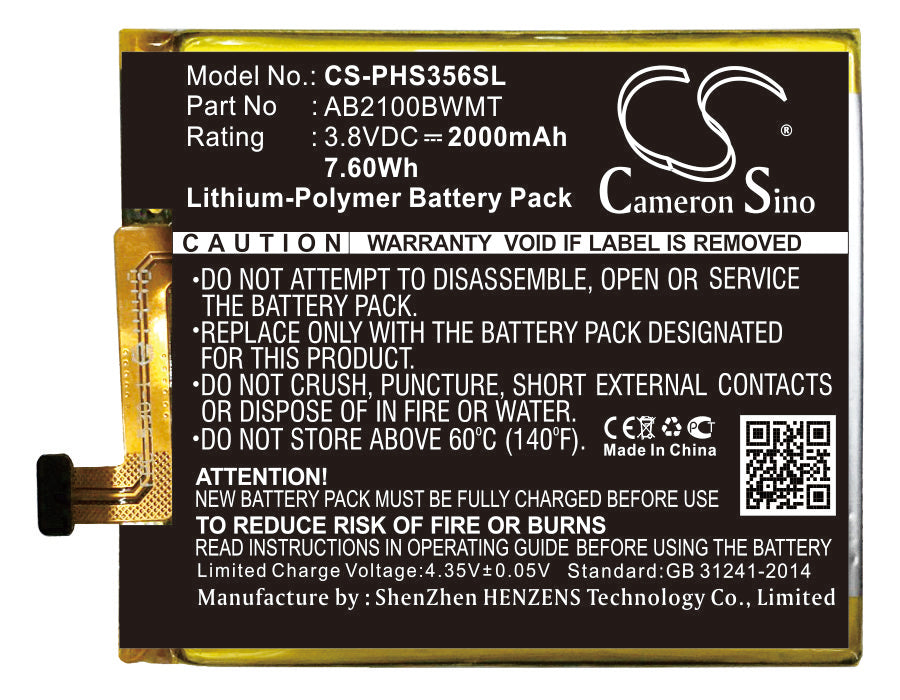 2000mAh Replacement Battery for Philips Xenium S356t Smartphone, 3.8V Li-Polymer AB2100BWMT 
