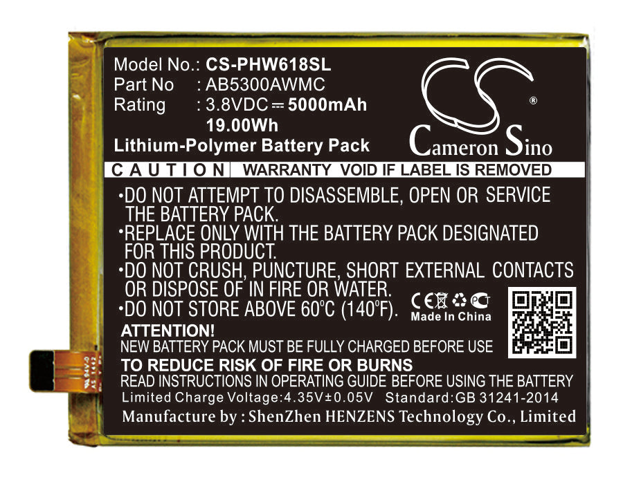 5000mAh Replacement Battery for Philips Xenium W6618 Smartphone - 3.8V Li-Polymer - AB5300AWMC/AWMT
