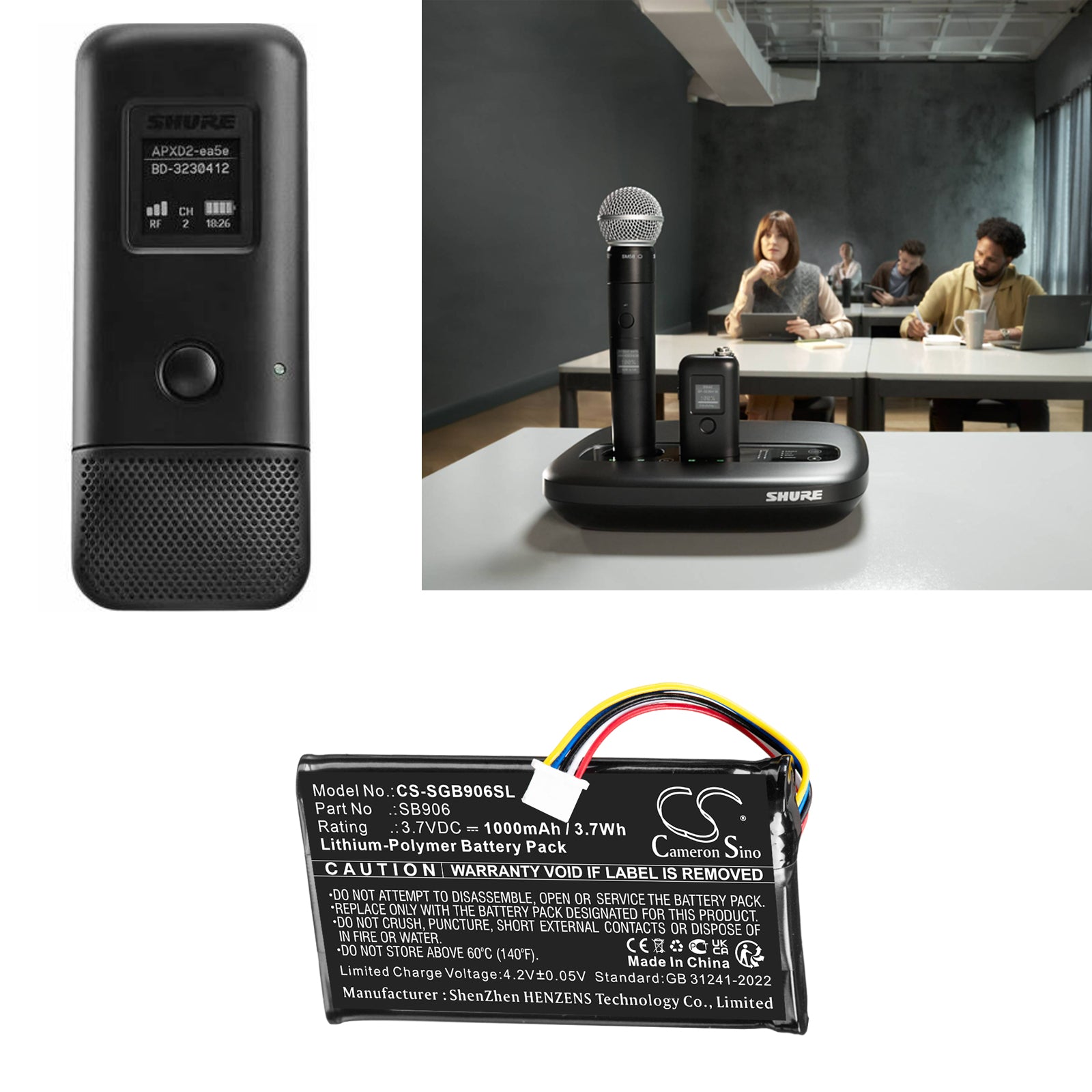 Replacement Battery for Shure MXW1X, MXW6X, SB906 Wireless Microphone System - 1000mAh, 3.7V Li-Polymer
