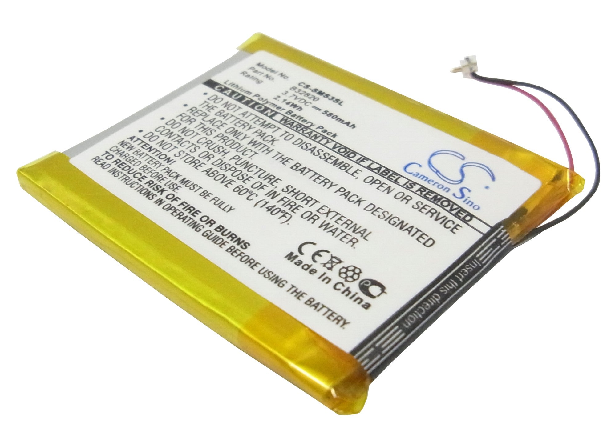 580mAh Replacement Battery for Samsung YP-S3 Media Player - 3.7V Li-Polymer (YP-S3JALY, YP-S3AW)
