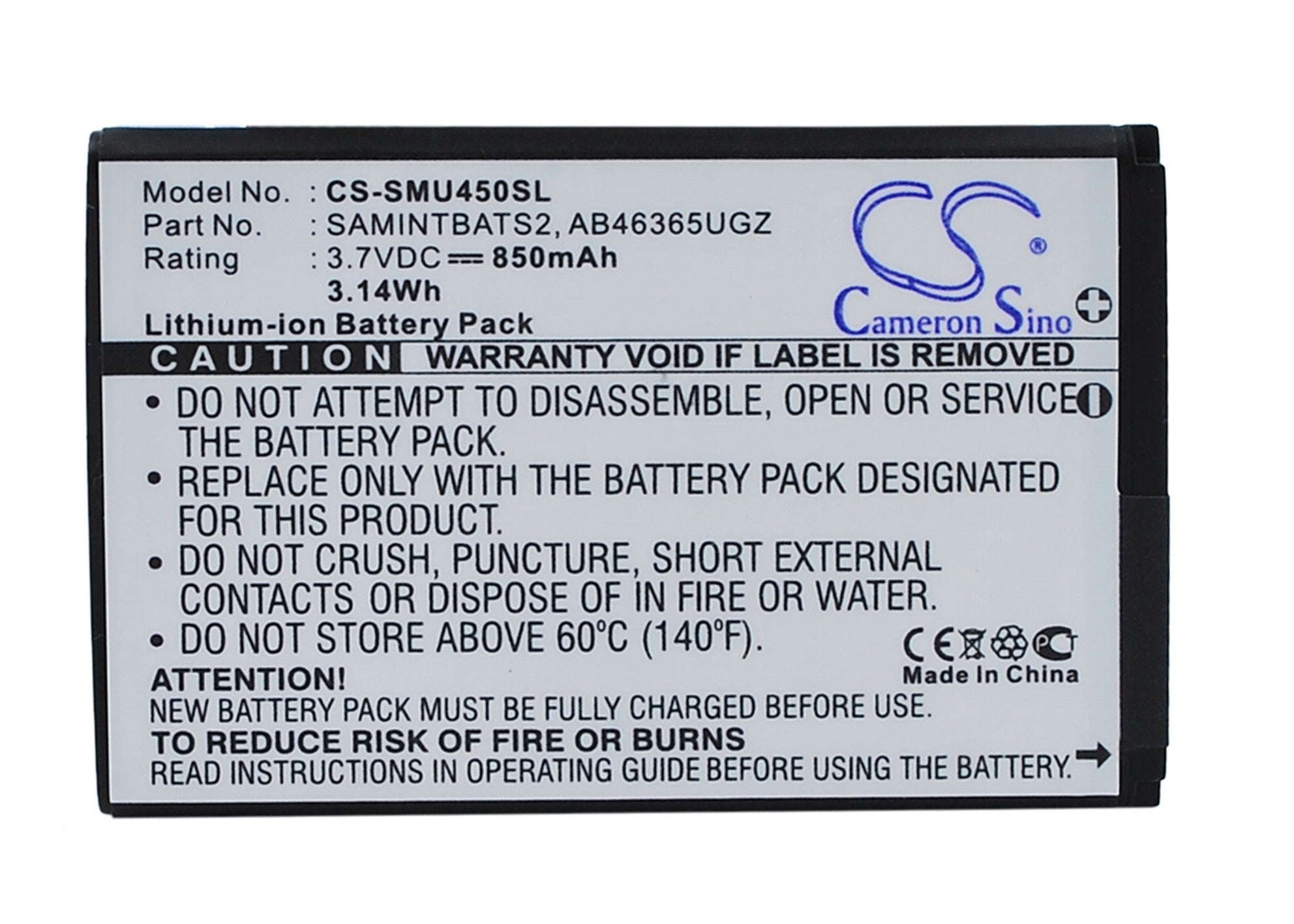 850mAh 3.7V Li-ion Replacement Battery for Samsung & Verizon Phones (SCH-U960, U450, Rogue, Intensity II, Glyde 2)
