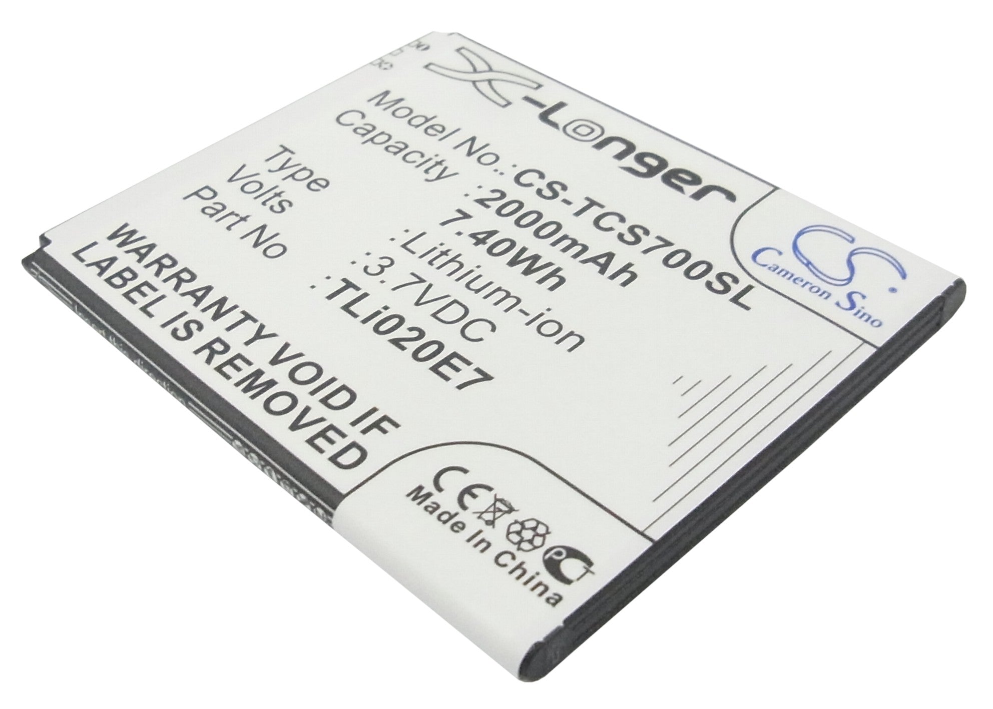 2000mAh Replacement Battery for TCL S700T & J620 Smartphone - 3.7V Li-ion - TLi020E7/D2/B2
