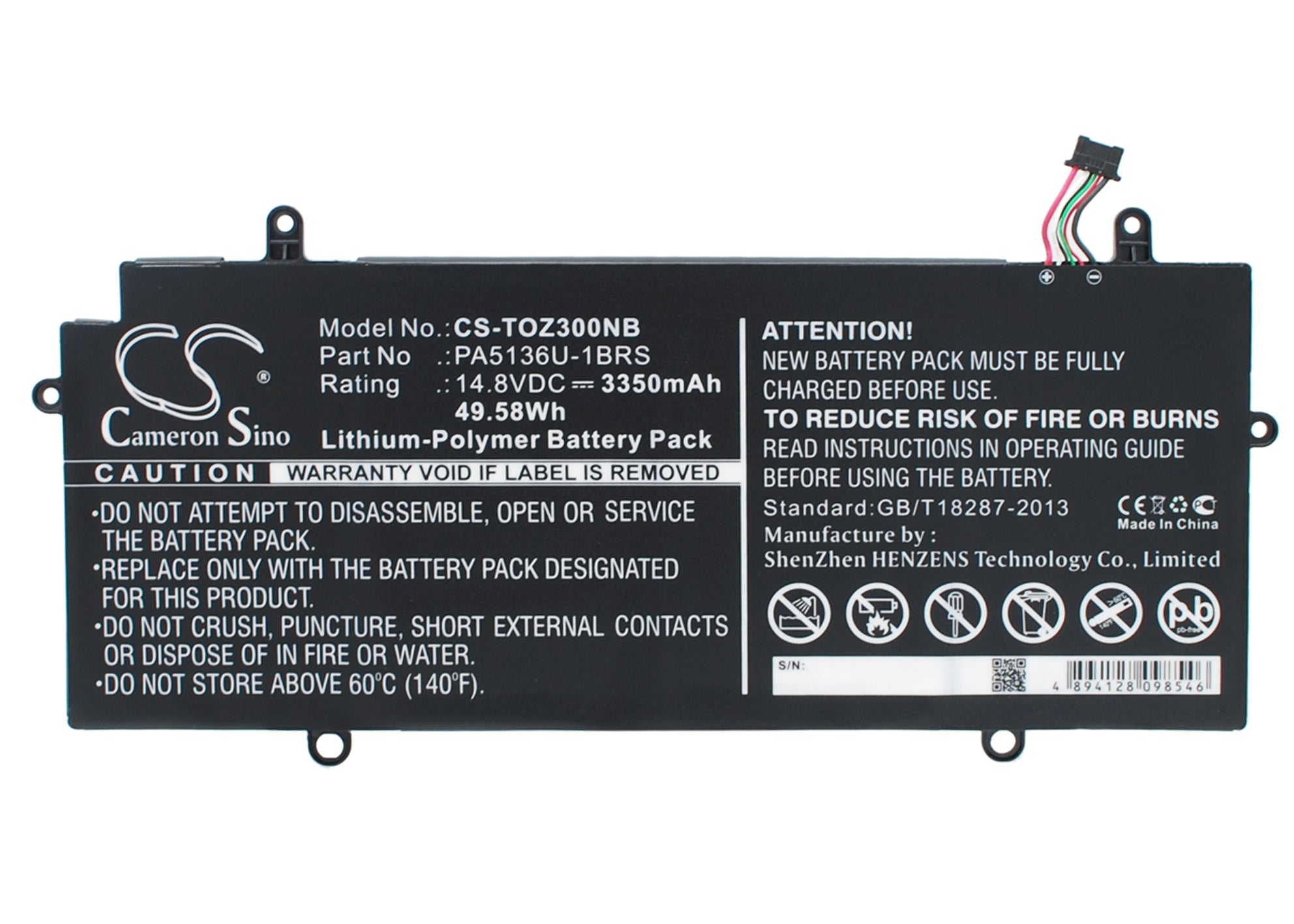 49.58Wh Toshiba Portege Z30 Laptop Battery: 14.8V 3350mAh Li-Polymer - PA5136U-1BRS Replacement
