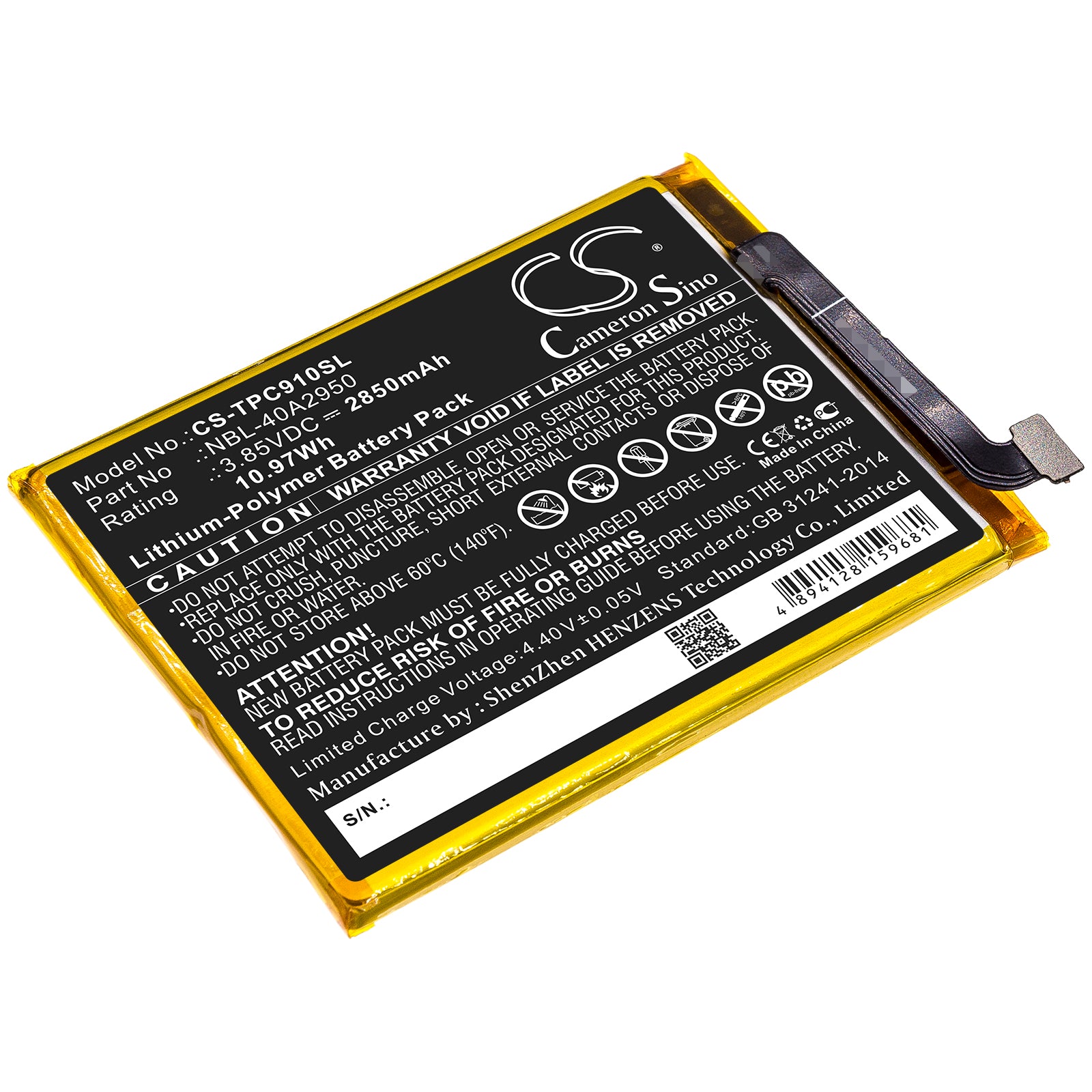 2850mAh Replacement Battery for Neffos C9 Max TP7062 Smartphone - 3.85V Li-Polymer NBL-40A2950
