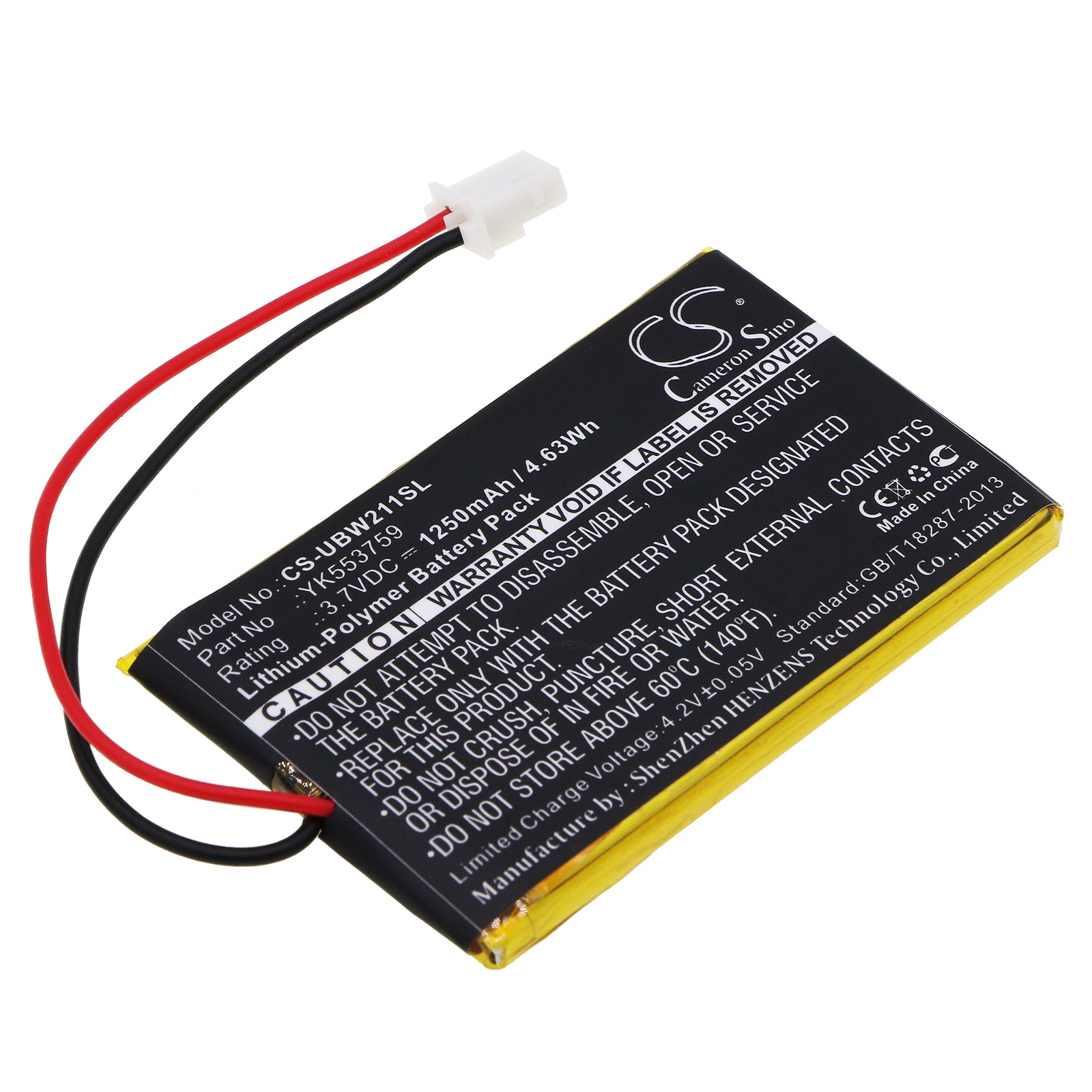 1250mAh Replacement Battery for Uniden UBW2010C Baby Monitor, 3.7V Li-Polymer, YK553759
