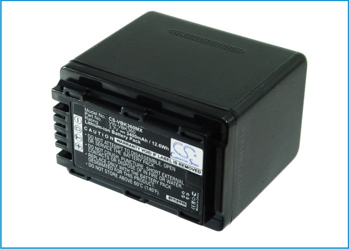 3.7V 3400mAh Li-ion Replacement Battery for Panasonic SDR-H85, HDC-SD60 Camcorders VW-VBK360

