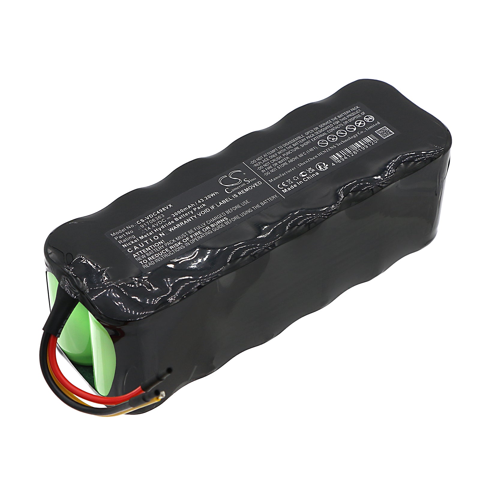 3000mAh Battery for Vileda M-H498 Robot Vacuum, 14.4V Ni-MH, Replacement Pack - 133.6x45.5x44.5mm
