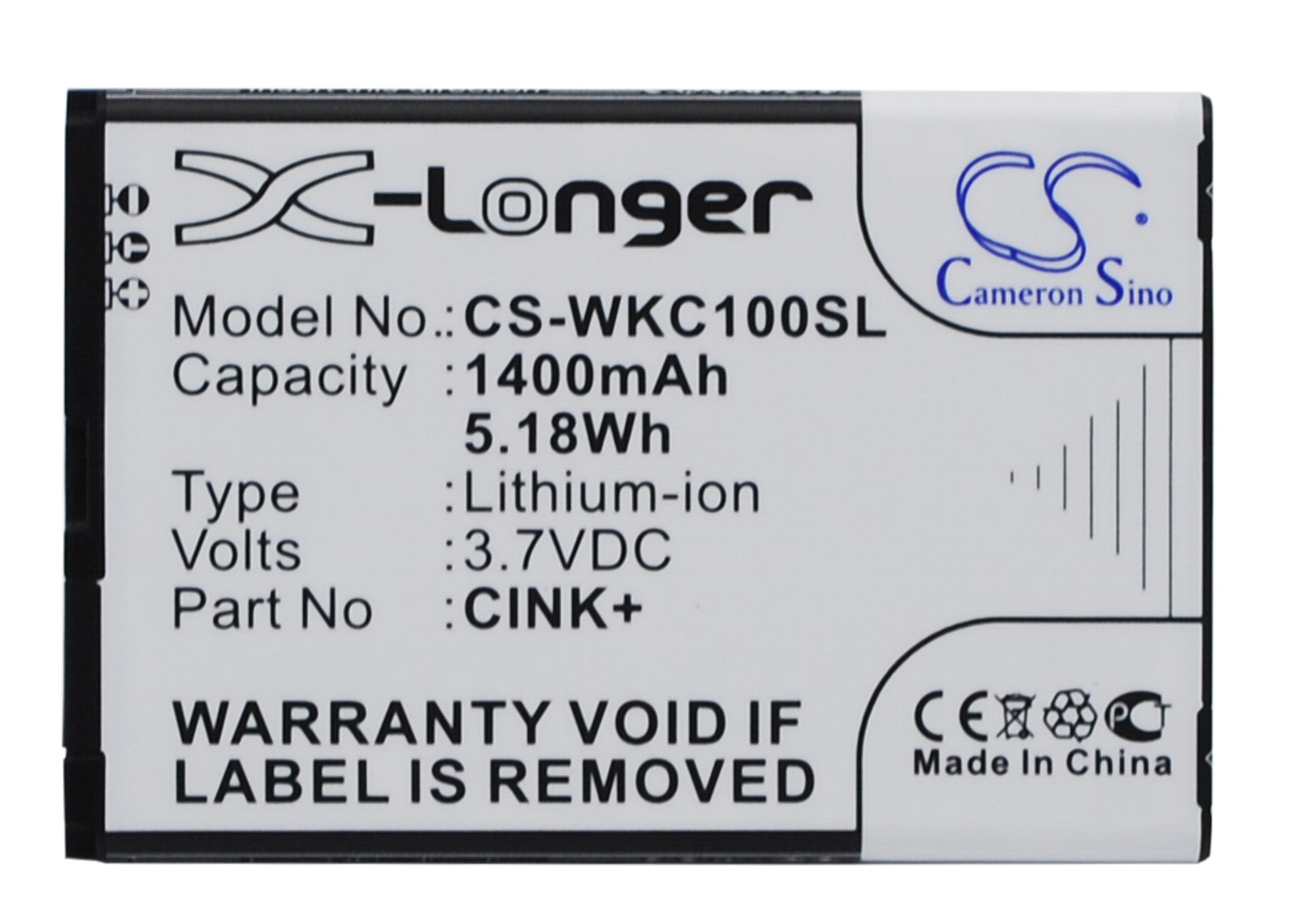 Wiko Cink/Cink+ Mobile Phone Battery - 1400mAh Replacement - 3.7V Li-ion - 65.1x44x4.5mm
