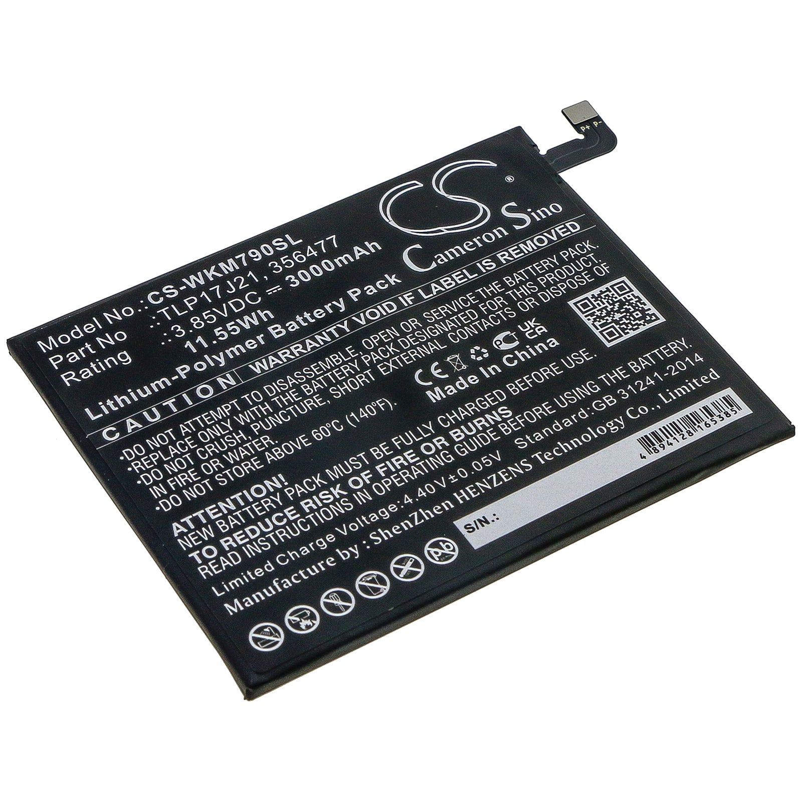 3000mAh Replacement Battery for Wiko View XL & M1790 Smartphones - 3.85V Li-Polymer (TLP17J21)
