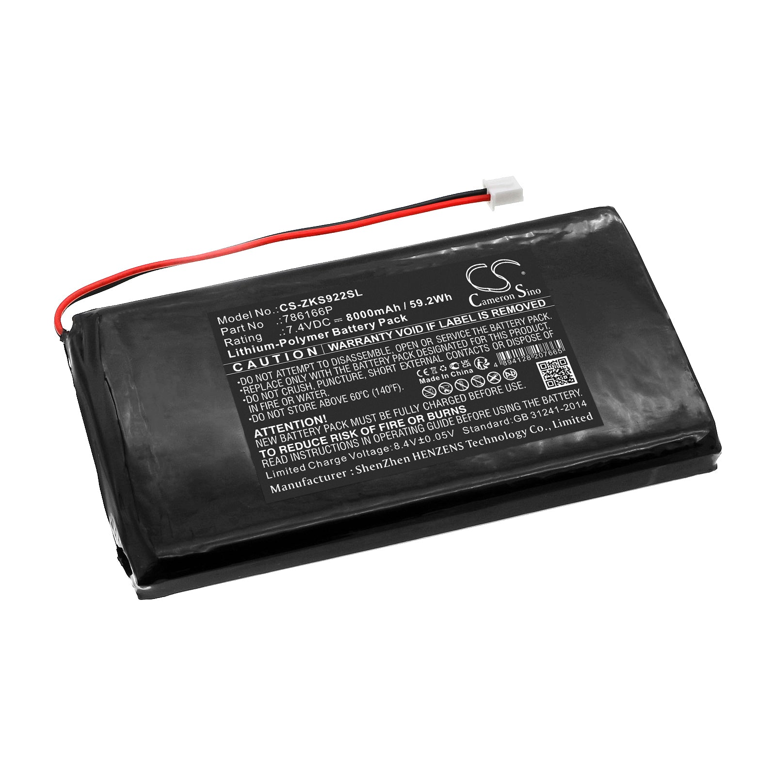 ZKTeco S922 Time Clock Battery: 7.4V 3800mAh Li-Polymer Replacement, Model 786166P (123x65x14.9mm)

