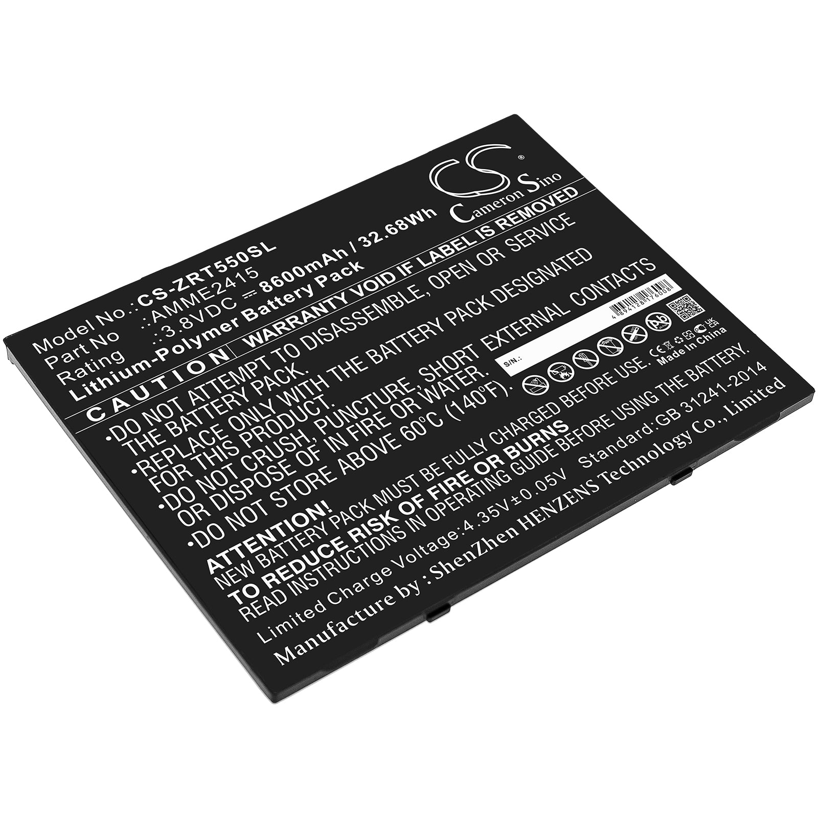 Zebra ET50/ET55 Tablet Extended Battery - 8600mAh, 3.8V, 32.68Wh Replacement, Fits AMME2415 & BTRY-ET5X-8IN1-01
