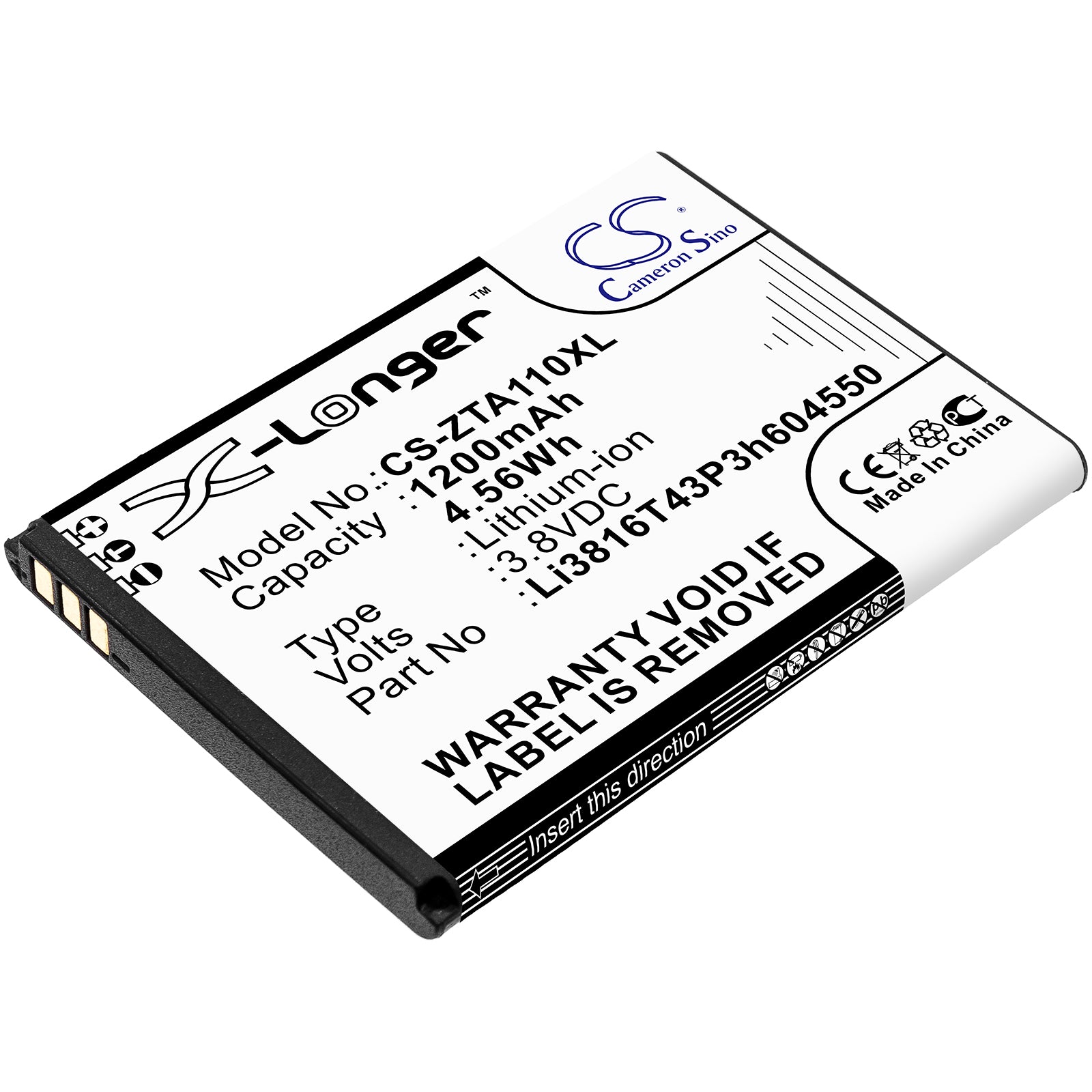 1200mAh Replacement Battery for ZTE Blade A110 A112 A410 - 3.8V Li-ion Smartphone Battery (60x44.56x4.9mm)

