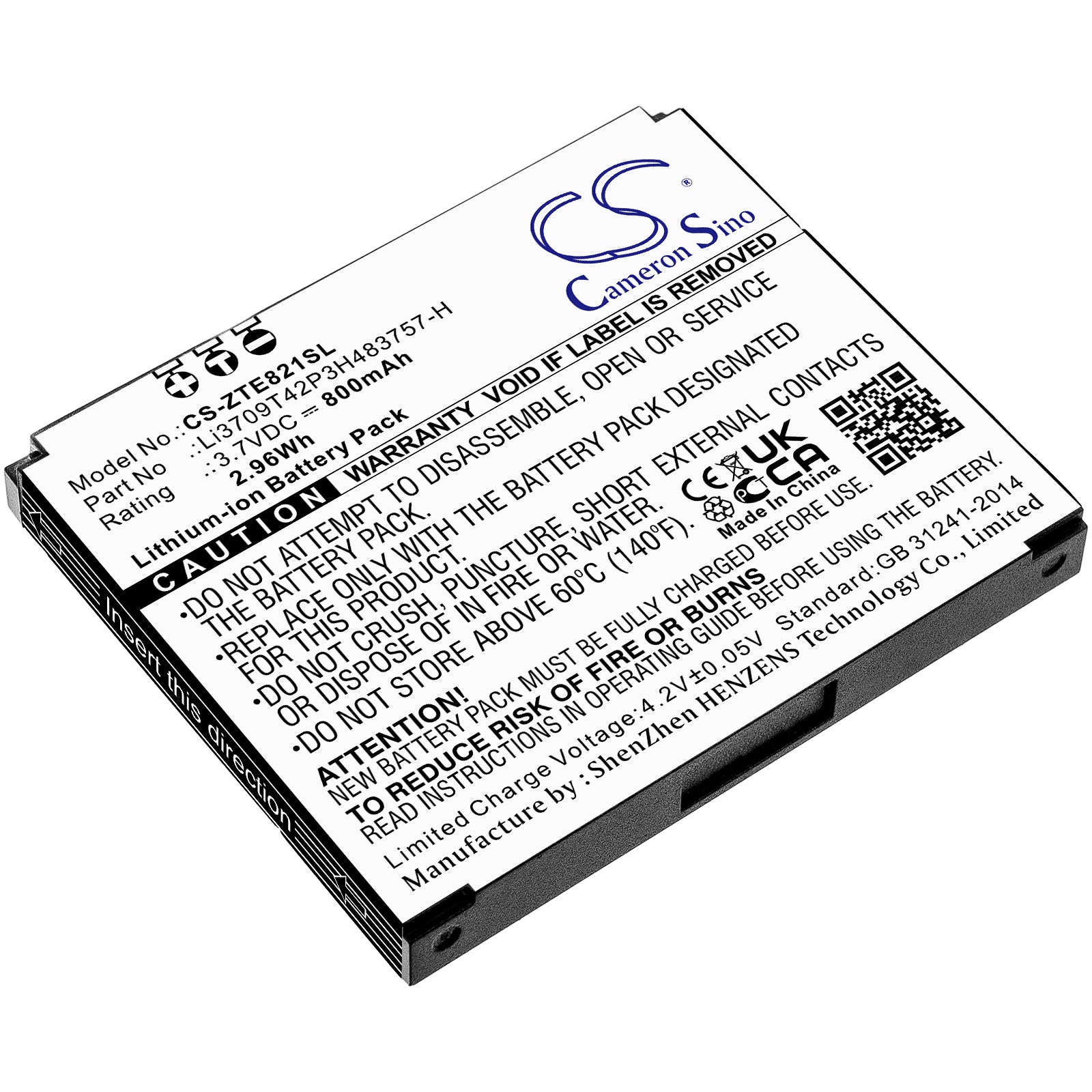 ZTE E821 Smartphone Battery: 800mAh Li-ion 3.7V Replacement - Exact Fit, 44.8x37.4x5.6mm

