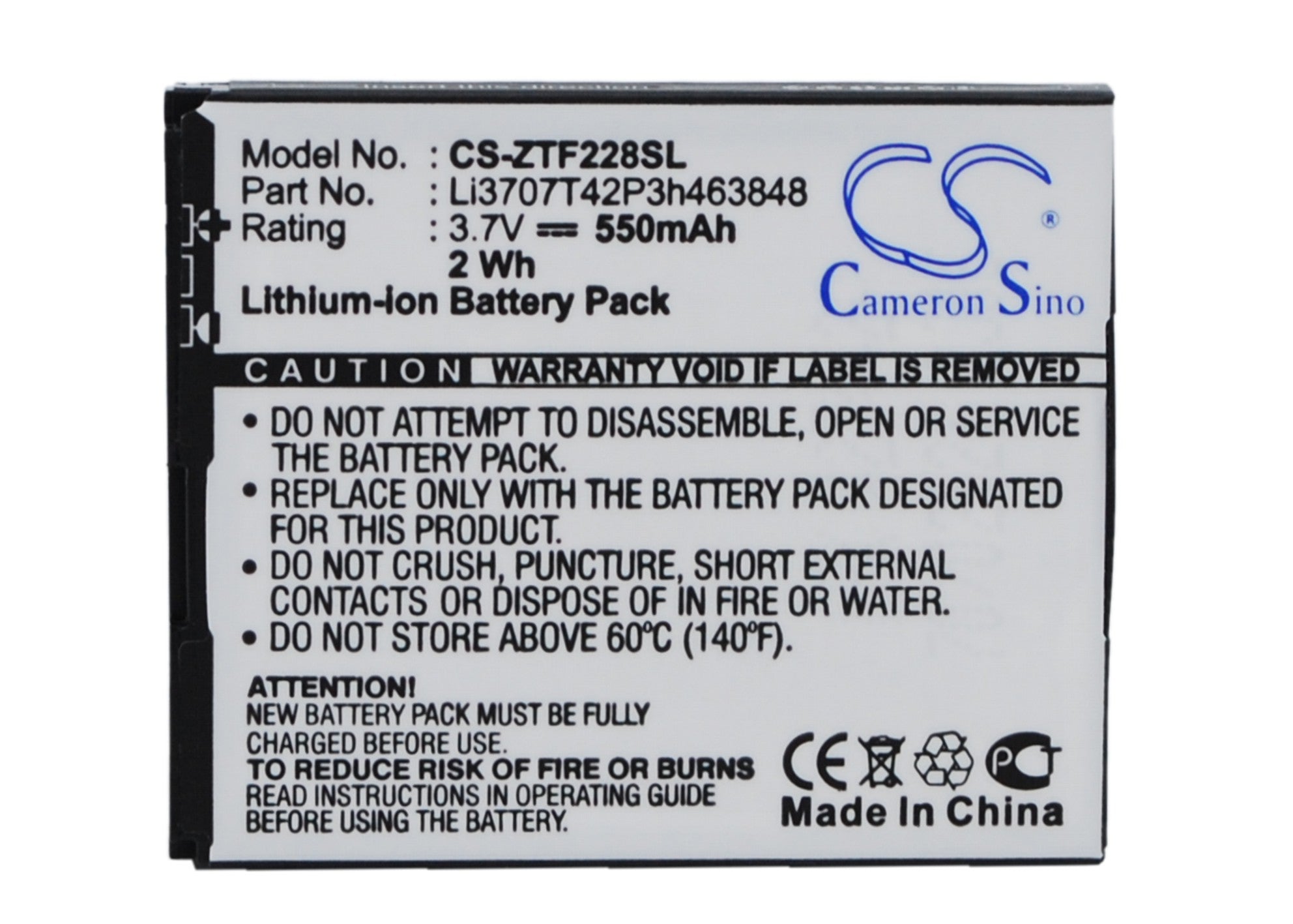 550mAh 3.7V Li-ion Replacement Battery for Benq T60, Vodafone 228, ZTE F280 Smartphones
