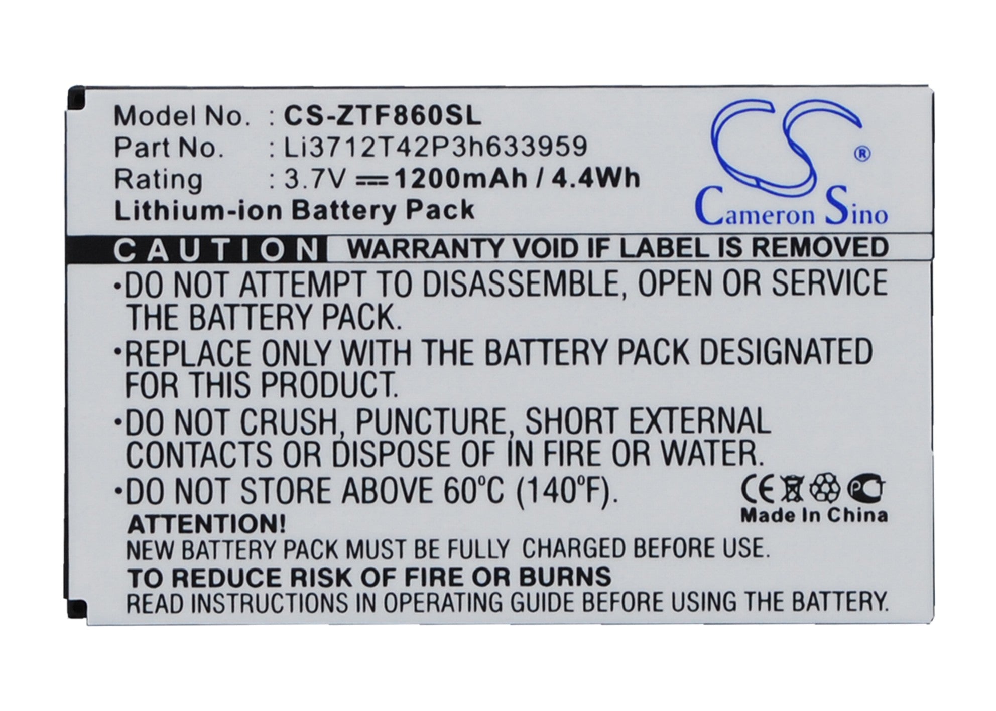 1200mAh 3.7V Li-ion Replacement Battery for Telstra E700, F860, F868, F866, I909 & ZTE Li3712T42P3h633959
