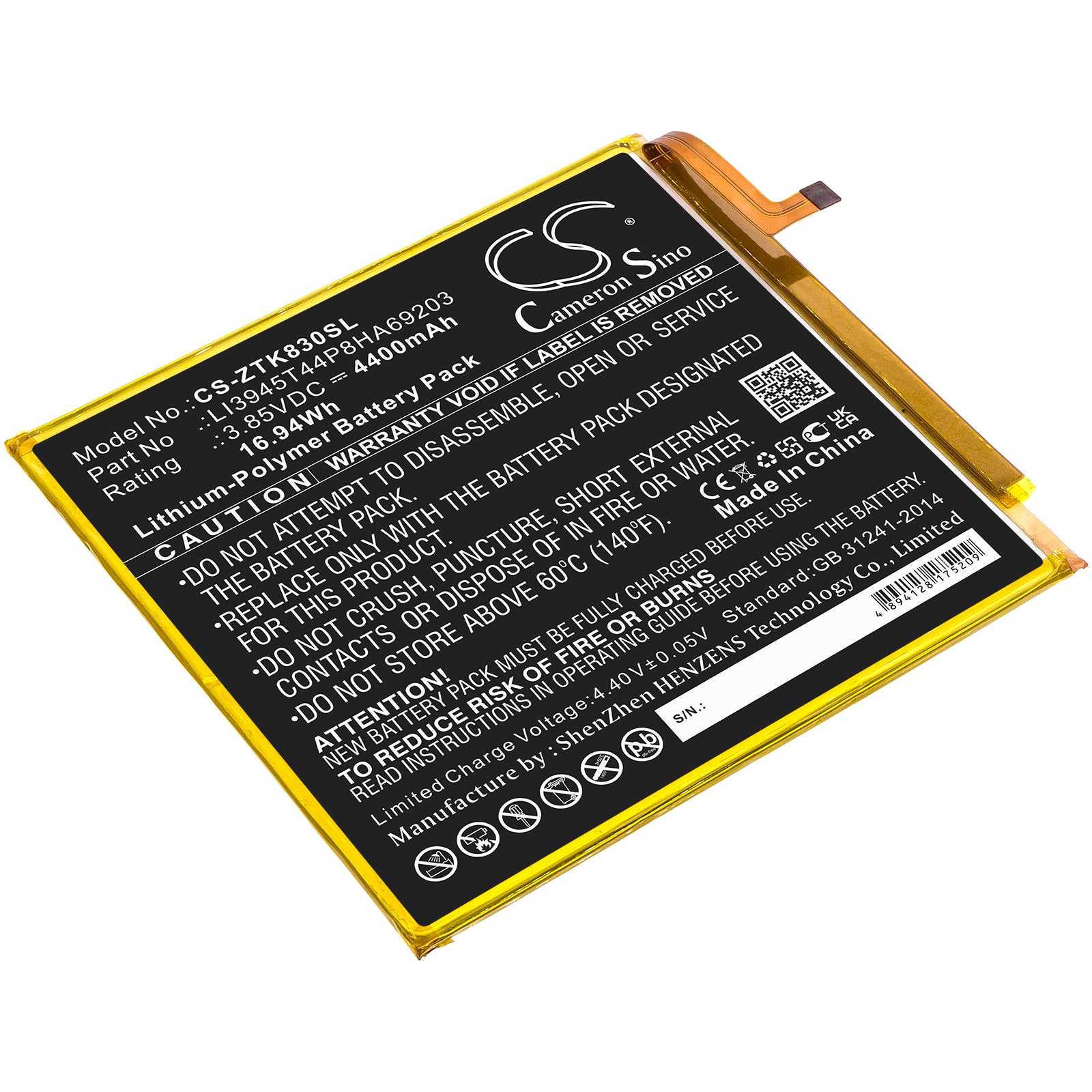 4400mAh Replacement Battery for ZTE Grand X View 2, Zpad 8, K83 Tablet - 3.85V Li-Polymer
