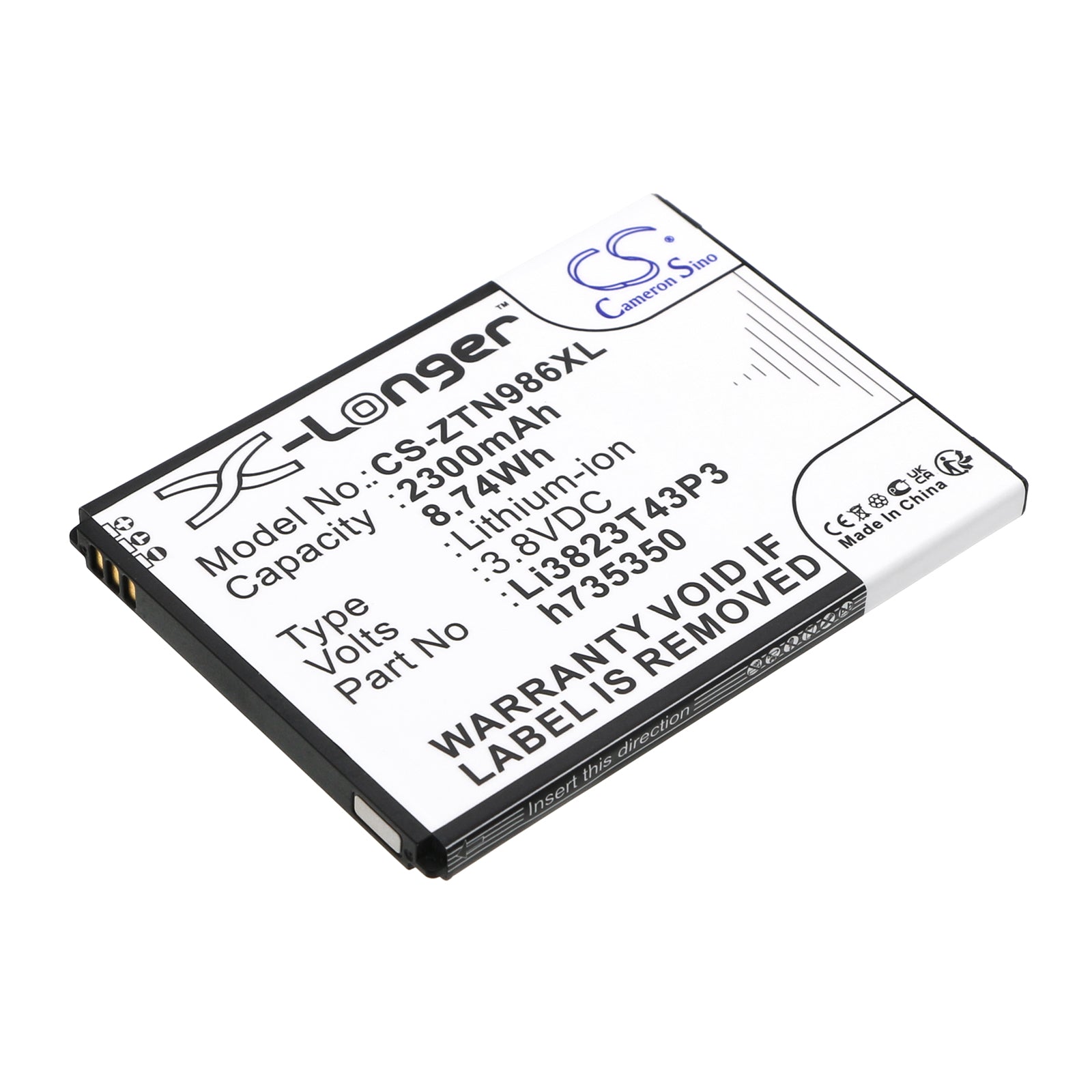 2300mAh Battery - Allstar Z818L, Straight Talk, ZTE Sonata 3, Maven 2, Warp Sync - 3.8V Li-ion Replacement
