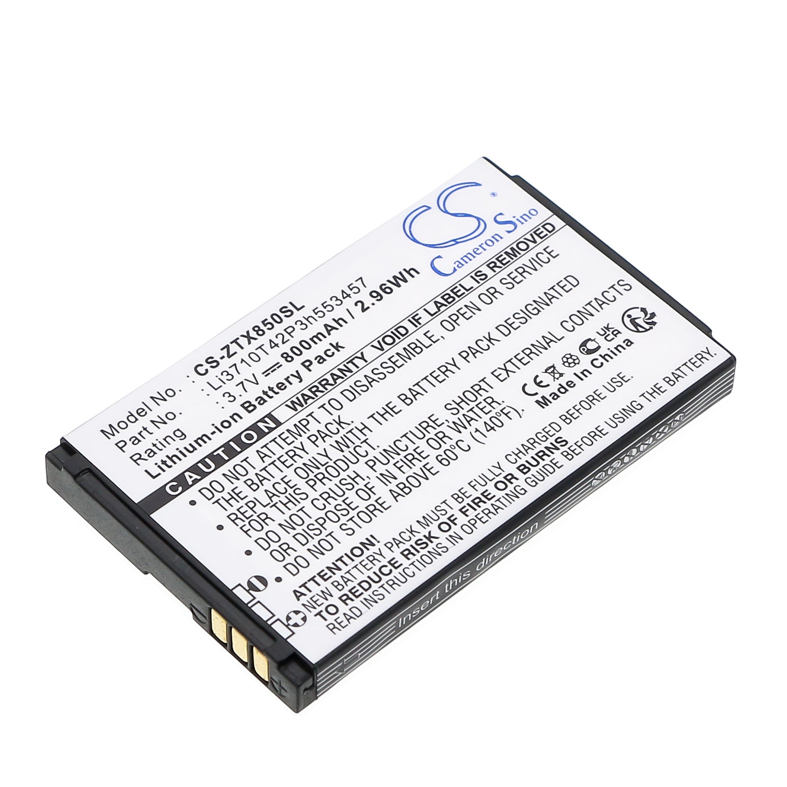 800mAh 3.7V Li-ion Replacement Battery for Skype S2x, Telstra Tough & ZTE Racer Smartphones

