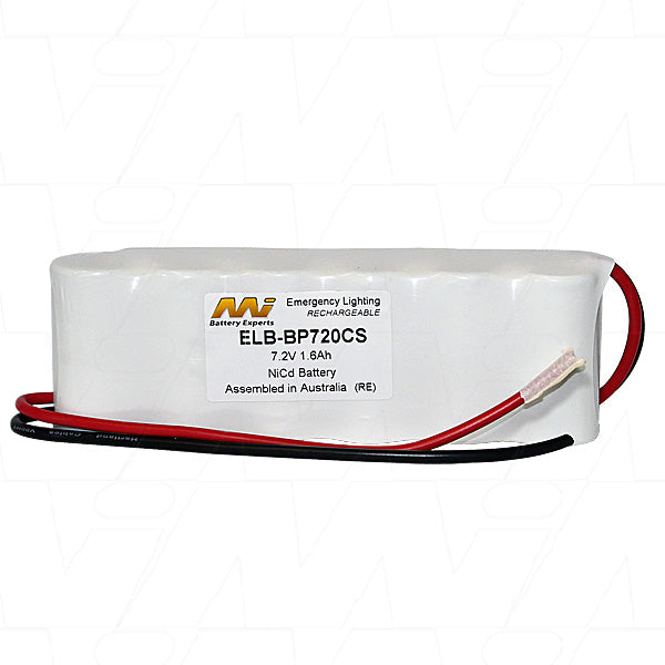 MI Battery Experts ELB-BP720CS 7.2V NiCd Emergency Lighting Battery Pack - 1.6Ah Capacity, 11.5Wh Output, Compact 23x46mm Design