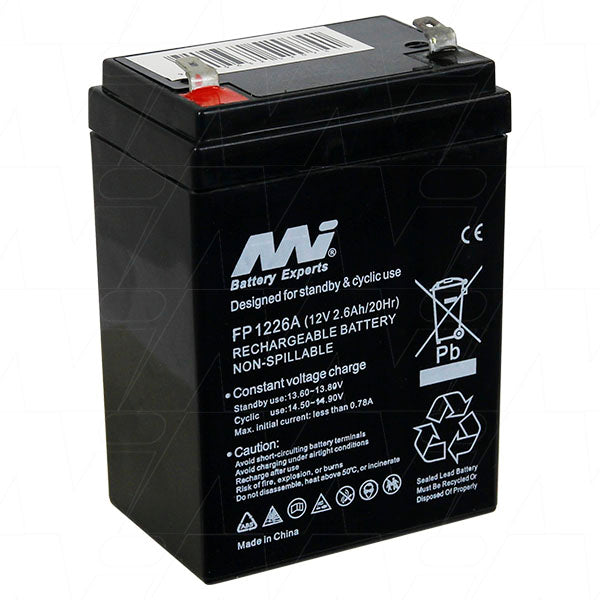 MI Battery Experts FP1226A 12V 2.6Ah Sealed Lead Battery Compact, Reliable Power for UPS, Security & Medical Equipment