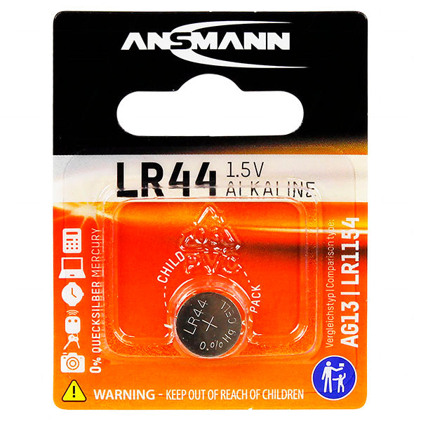 Ansmann LR44 Alkaline Button Cell Battery 1.5V, 140mAh Professional-Grade Power for Small Electronics