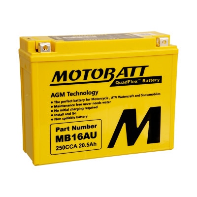 Motobatt MB16AU 12V Motorcycle Battery - 20.5Ah, 230 CCA, AGM Quadflex Design - Powersports/Starting 