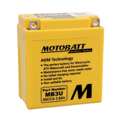MOTOBATT MB3U 12V 3.8Ah Powersports AGM Battery, 50 CCA, Motorcycle/ATV Starting, Quadflex Terminals 