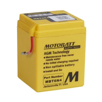 Motobatt MBT6N4 6V 4Ah AGM Motorcycle Battery - QuadFlex Terminals, Vibration Resistant 