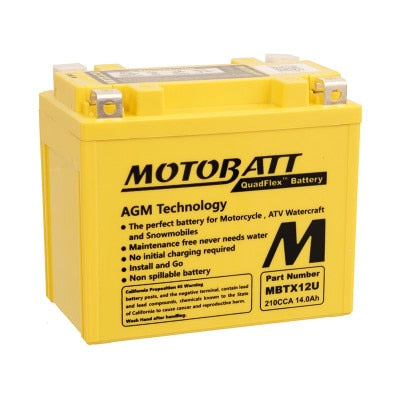 MBTX12U 12V AGM Quadflex Powersport Battery - Motorcycle, ATV, PWC, Snowmobile - High Cranking Power, Spill-Proof 