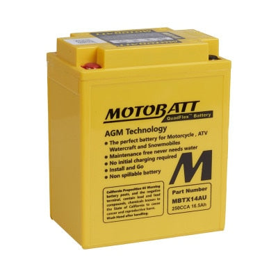 MBTX14AU Motobatt AGM Battery: Motorcycle, ATV, PWC, Snowmobile - 12V High Cranking Power, No Spill, Quadflex Terminals 